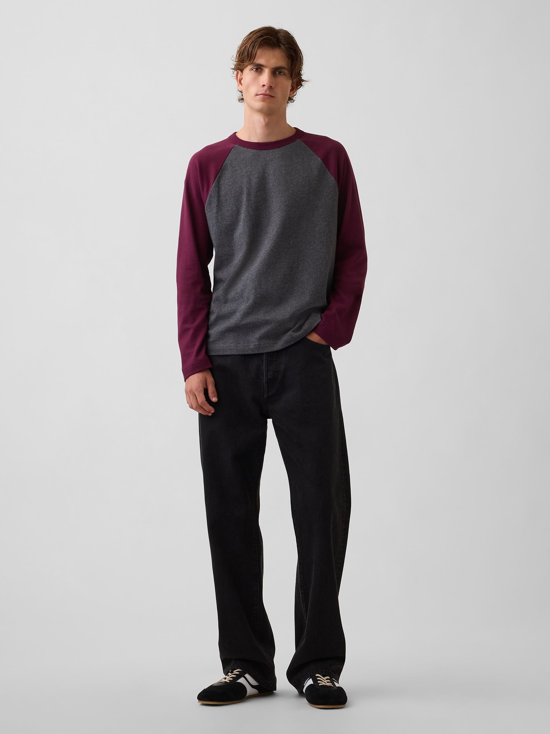 Grey/Burgundy Heavyweight Relaxed Long Sleeve T-Shirt - Image 3 of 4