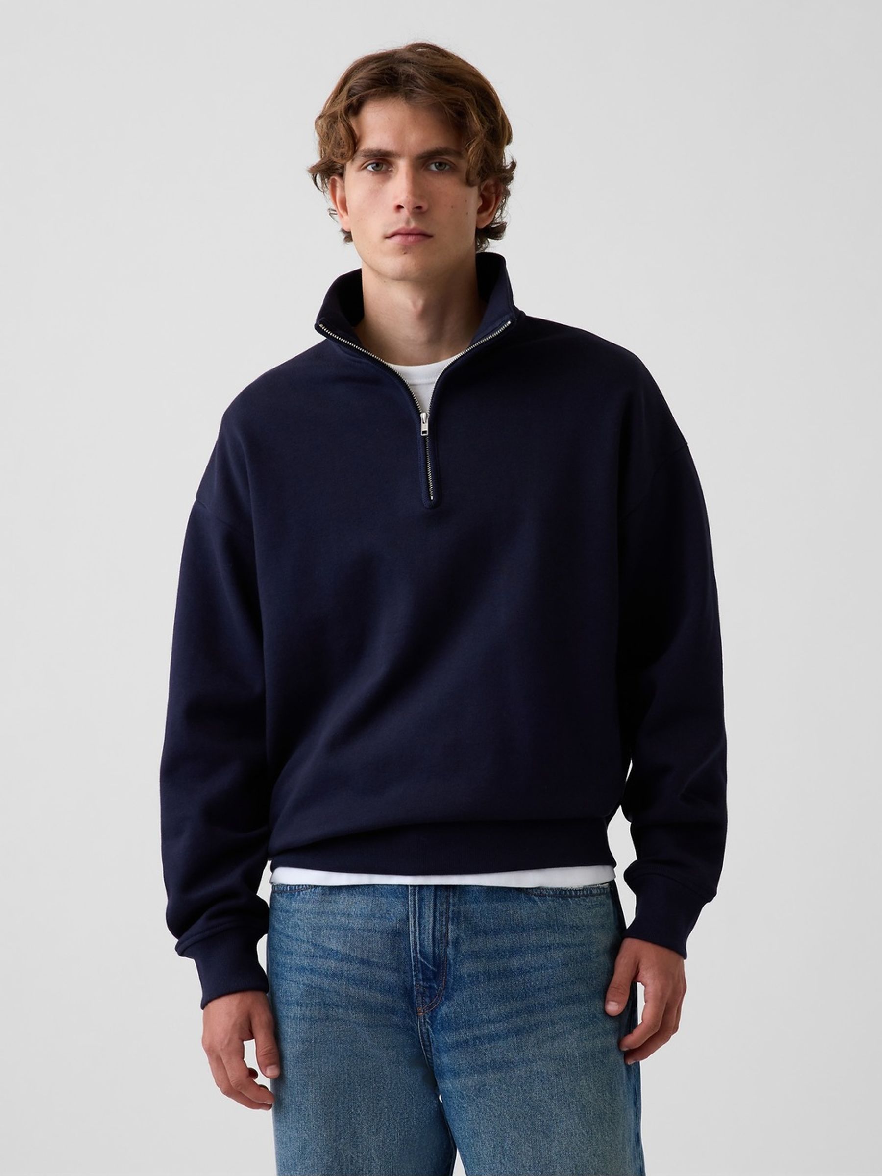 Navy Heavyweight Oversized Quarter-Zip Pullover Sweatshirt - Image 1 of 3 Navy Heavyweight Oversized Quarter-Zip Pullover Sweatshirt - Image 1 of 3