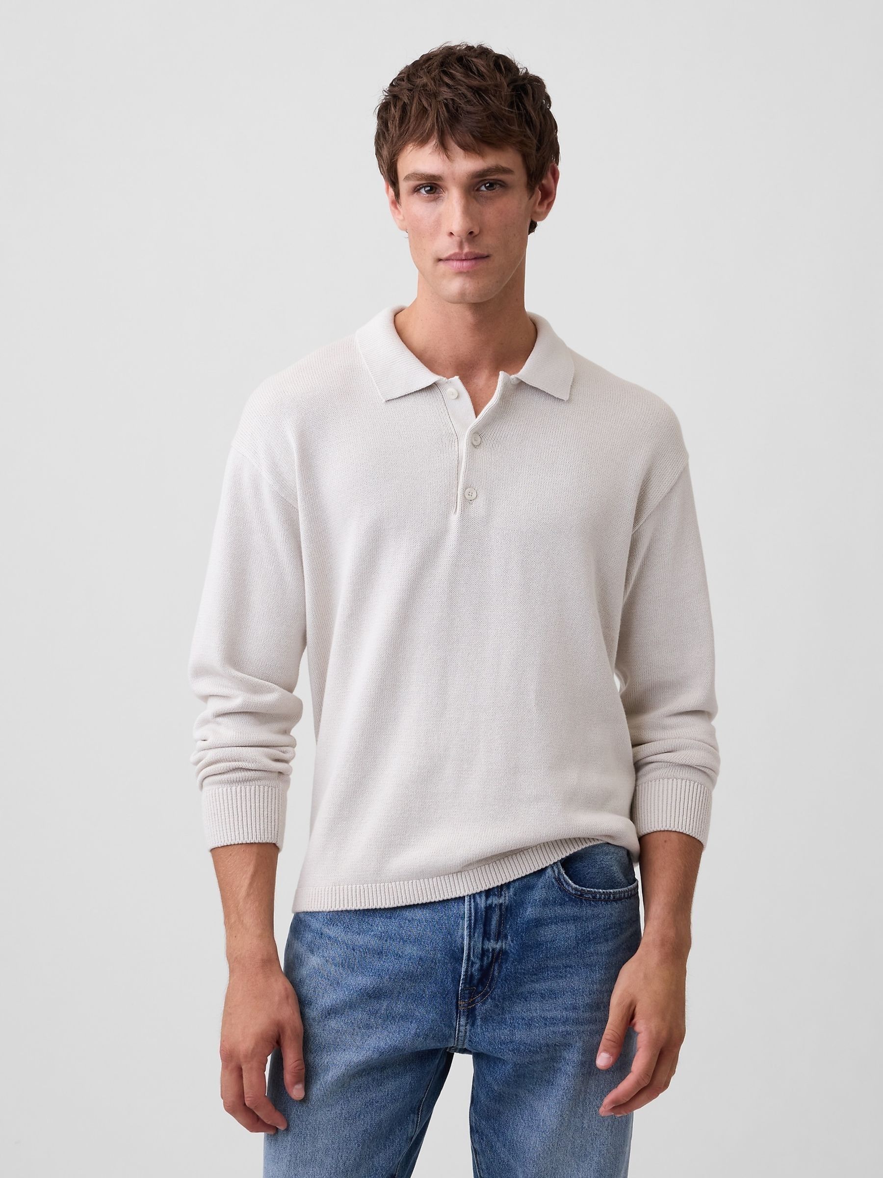 Light Grey Relaxed Polo Jumper - Image 1 of 4