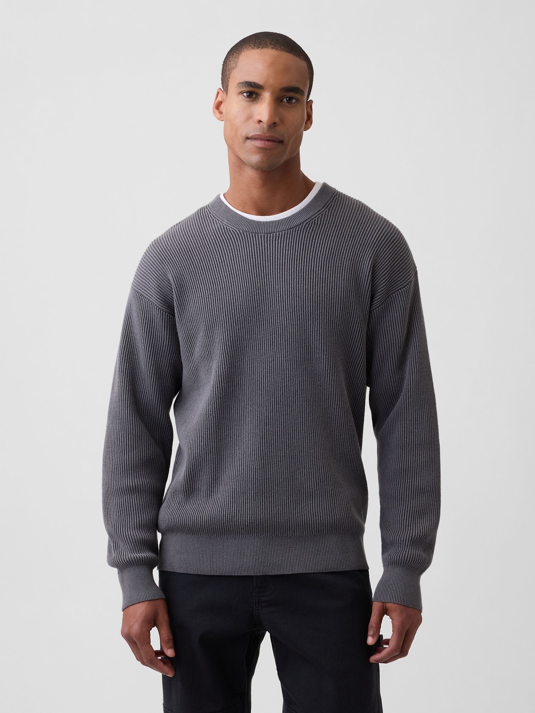 Grey Relaxed Fisherman Stitch Crew Neck Jumper - Image 1 of 4