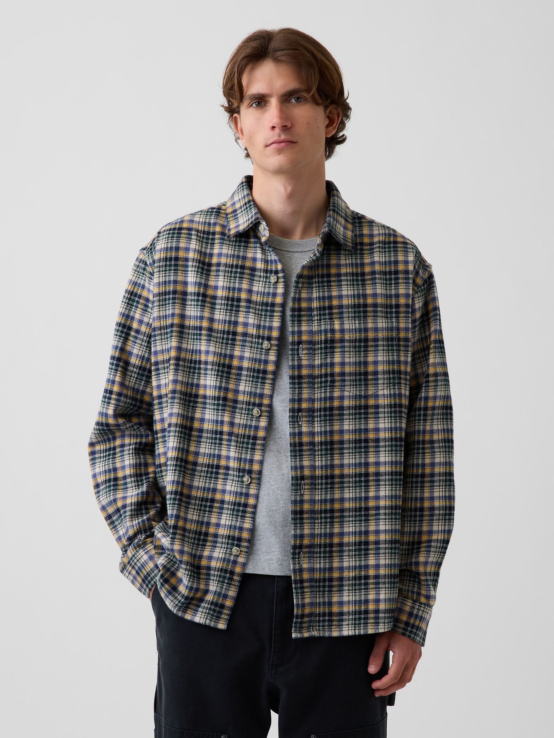 Blue/Yellow Check Relaxed Flannel Shirt - Image 1 of 4 Blue/Yellow Check Relaxed Flannel Shirt - Image 1 of 4