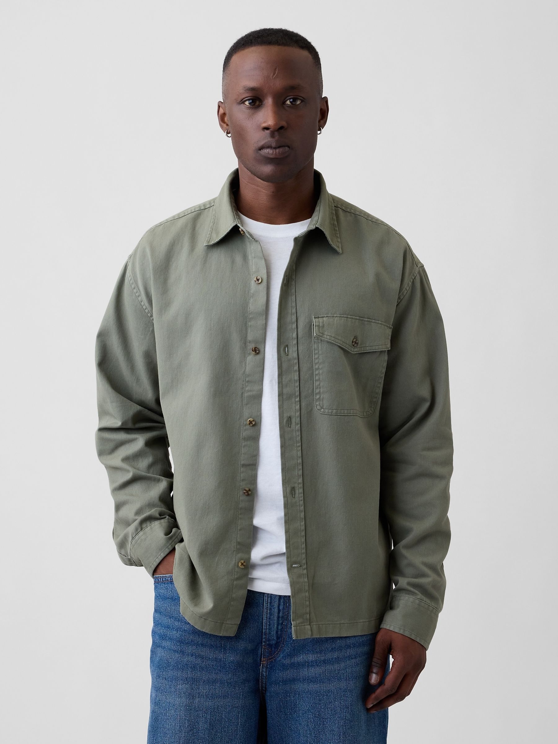 Khaki Green Boxy Fit Twill Shirt - Image 1 of 2