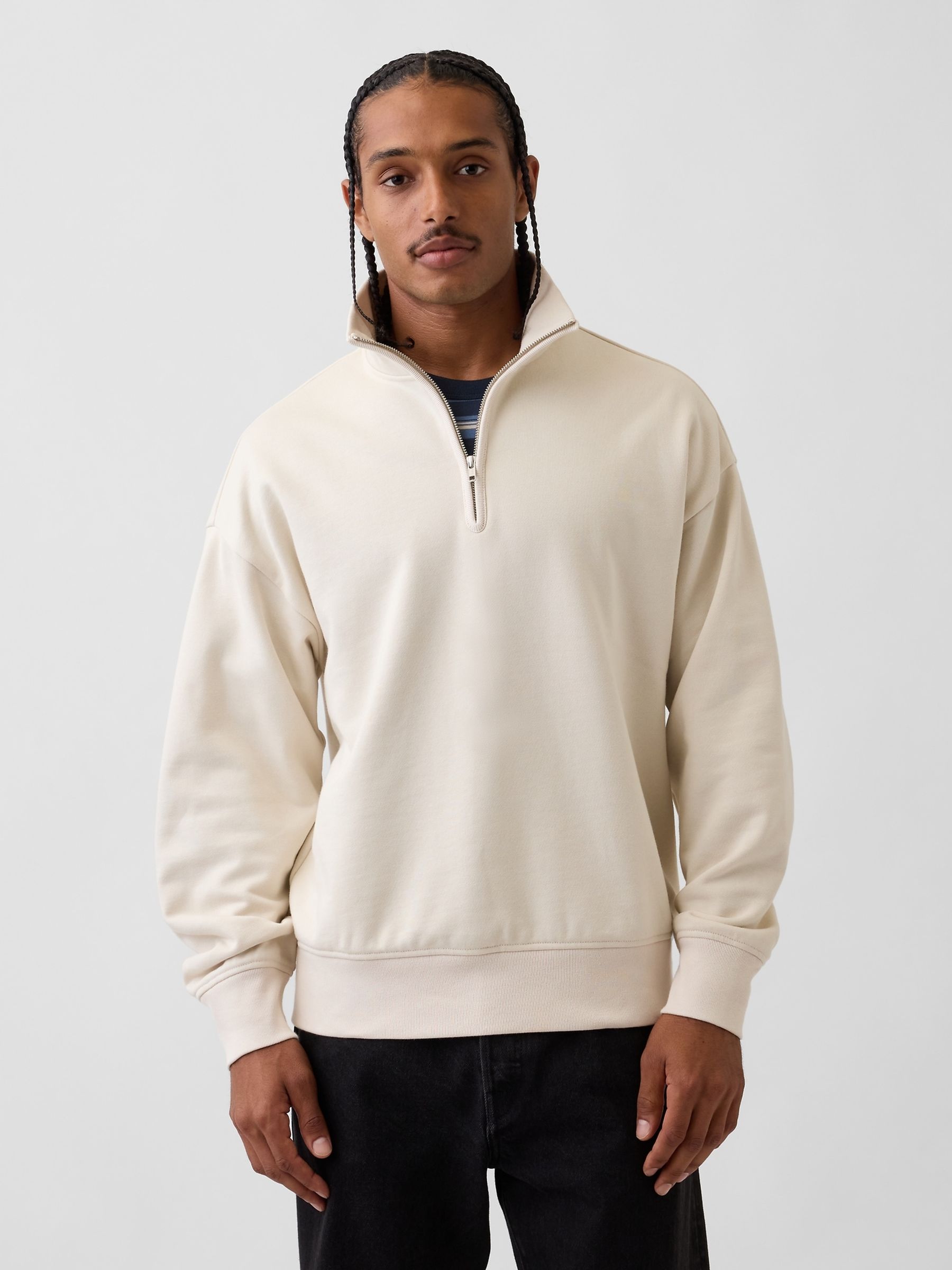 Cream Heavyweight Oversized Quarter-Zip Pullover Sweatshirt - Image 1 of 2 Cream Heavyweight Oversized Quarter-Zip Pullover Sweatshirt - Image 1 of 2