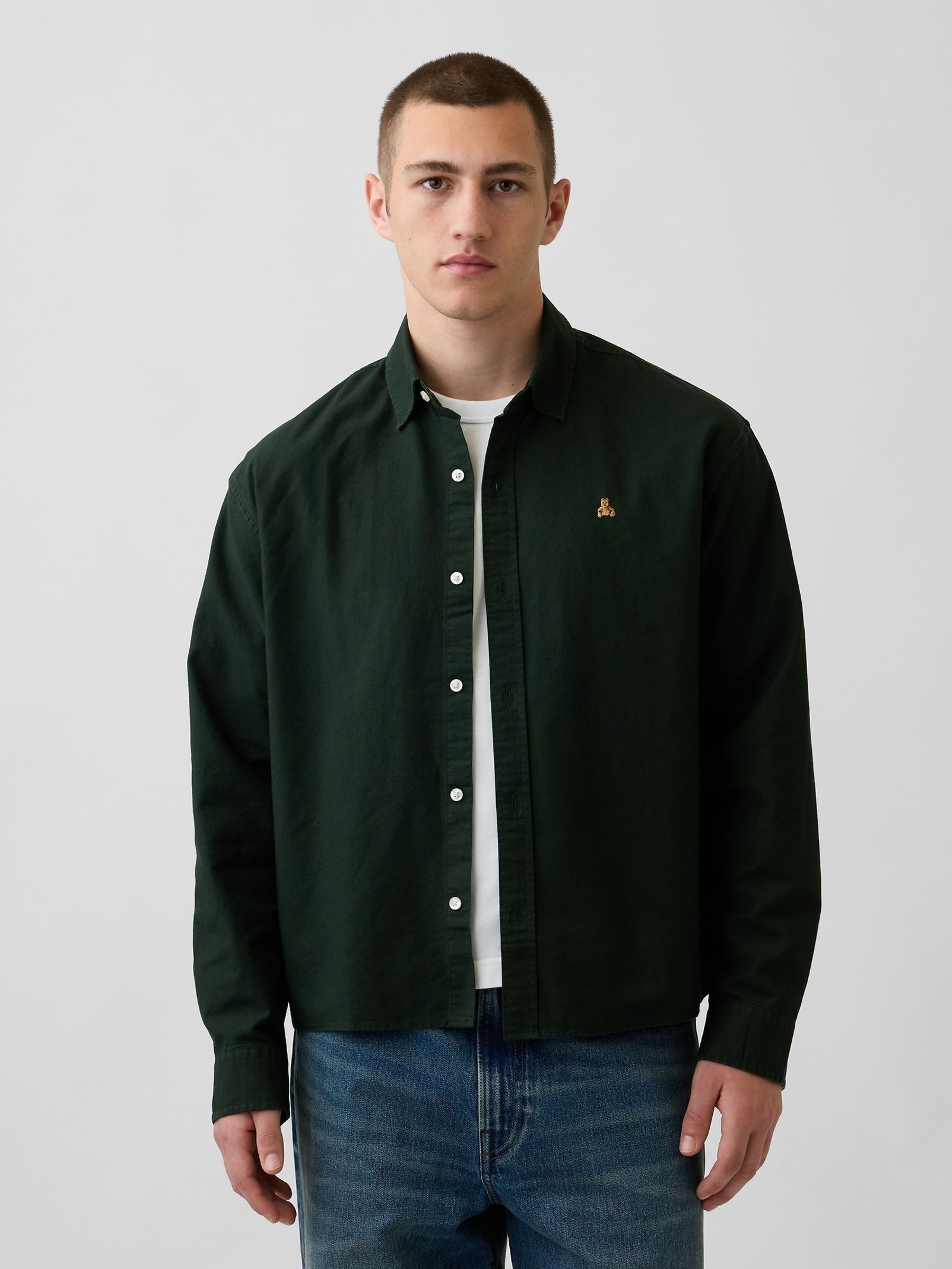 Green Relaxed Boxy Straight-Hem Oxford Shirt - Image 1 of 4 Green Relaxed Boxy Straight-Hem Oxford Shirt - Image 1 of 4