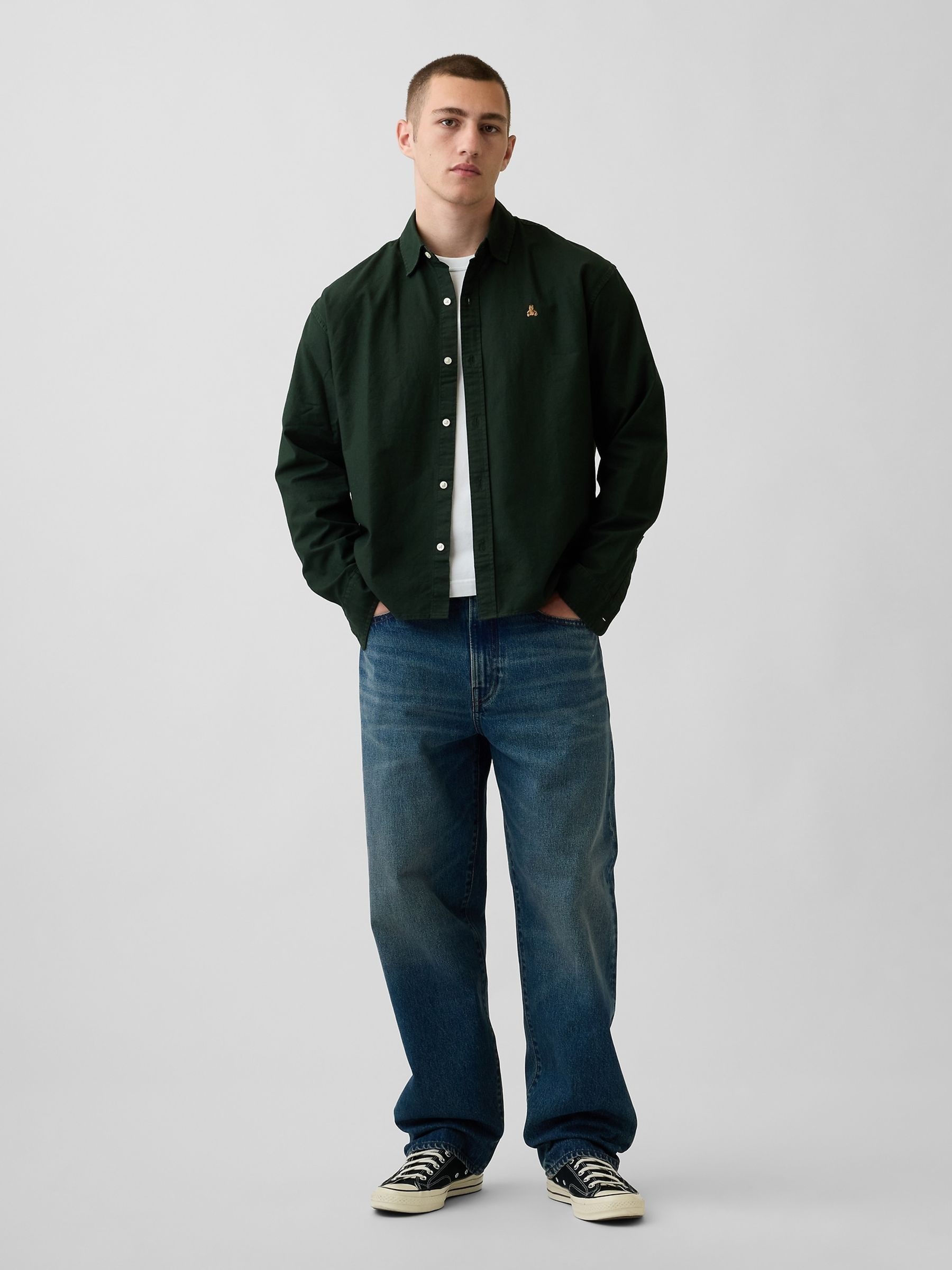Green Relaxed Boxy Straight-Hem Oxford Shirt - Image 3 of 4