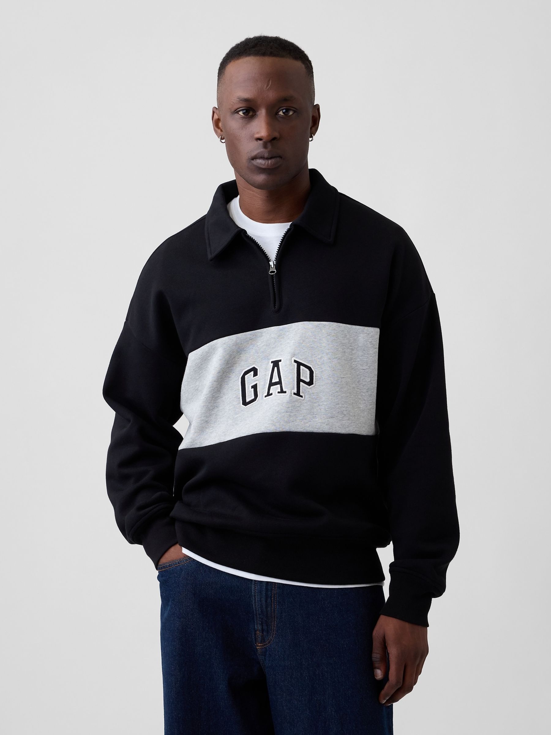 Black Oversized Logo Quarter-Zip Sweatshirt - Image 1 of 4 Black Oversized Logo Quarter-Zip Sweatshirt - Image 1 of 4