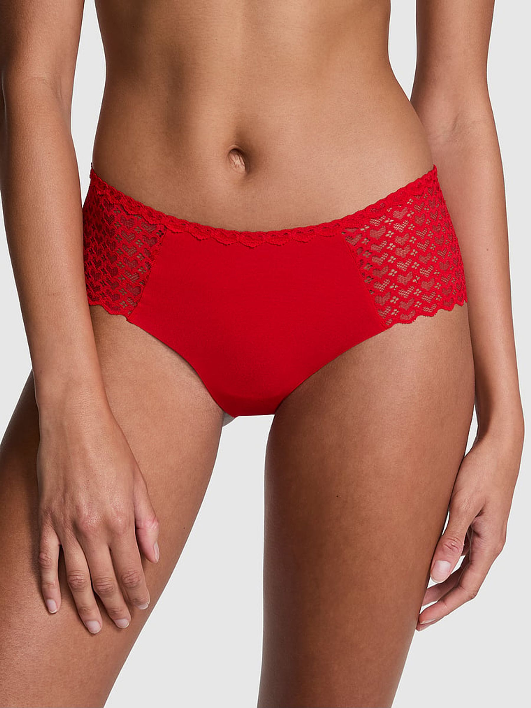 Bright Vermillion Red Cheeky No Show Heart Lace Knickers - Image 1 of 3