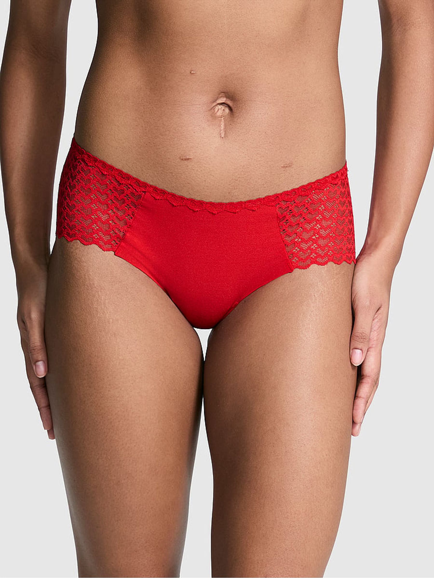 Bright Vermillion Red Hipster No Show Heart Lace Knickers - Image 1 of 3