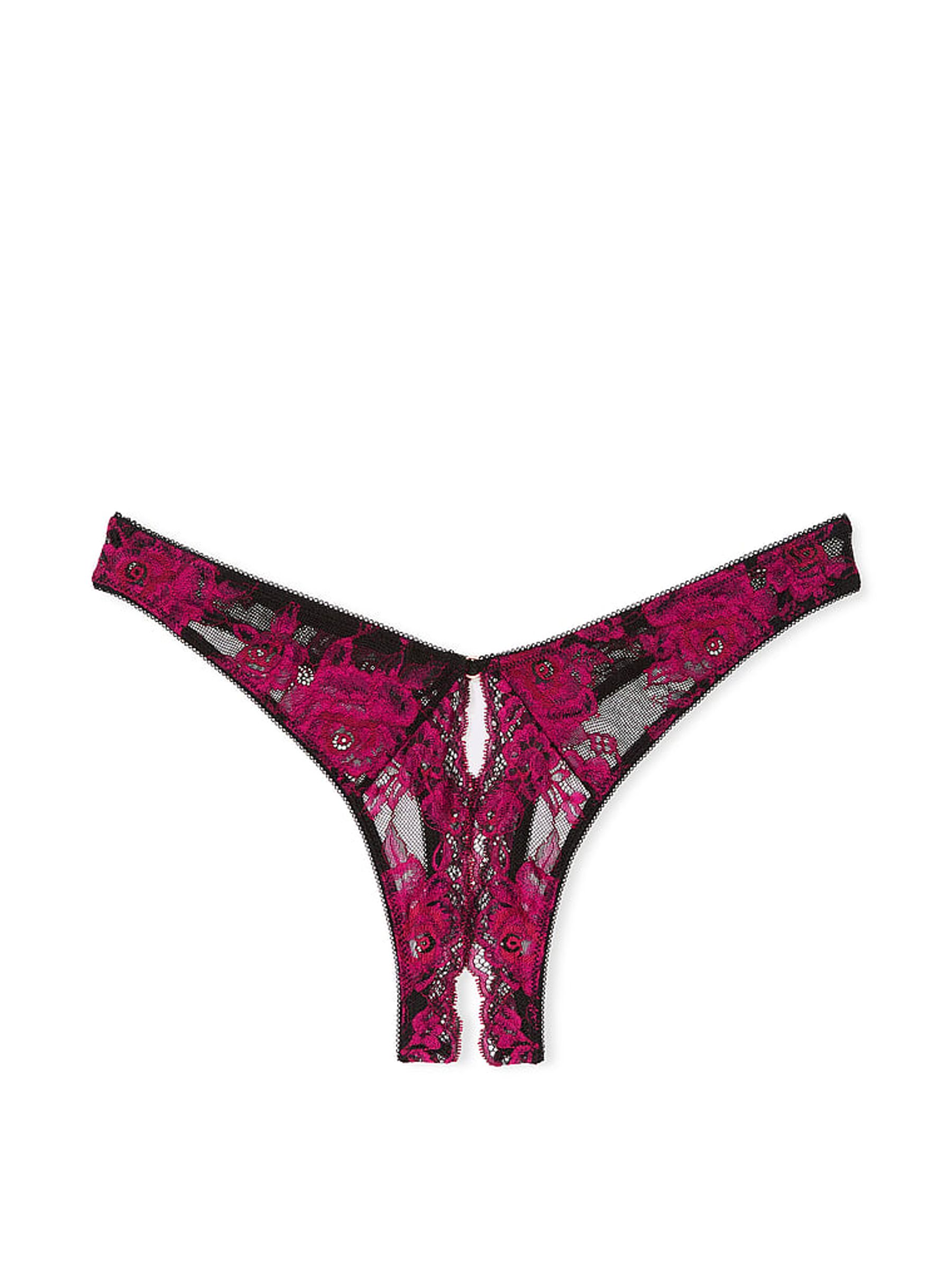 Black  Pink Thong Rose Lace Crotchless Knickers - Image 1 of 1