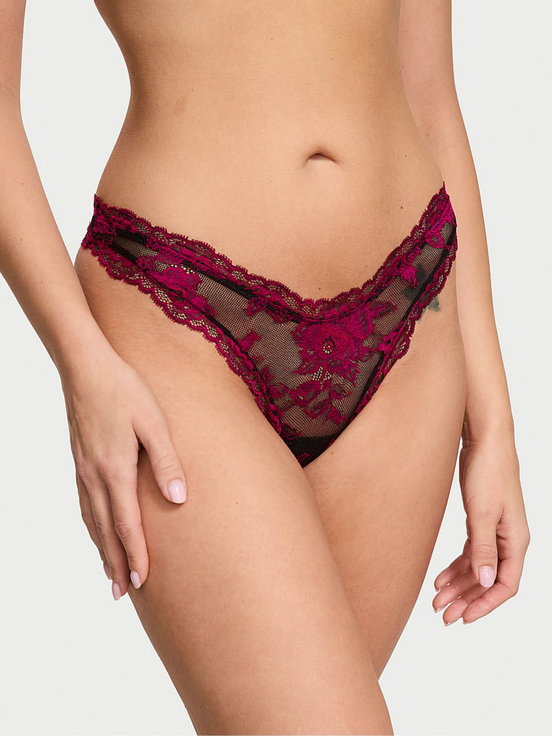 Black & Pink Thong Rose Lace Knickers - Image 1 of 2