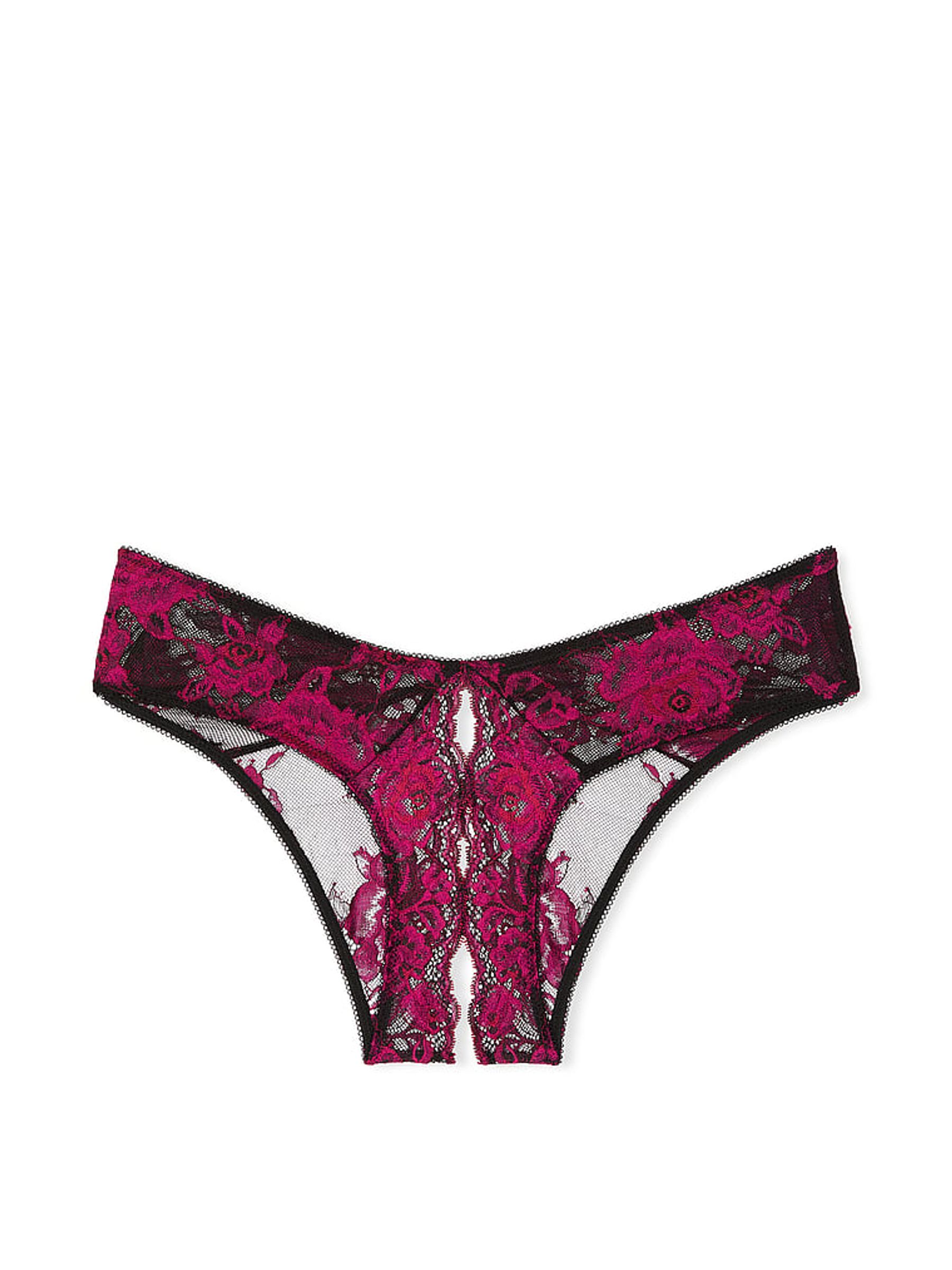 Black  Pink Cheeky Rose Lace Crotchless Knickers - Image 1 of 1
