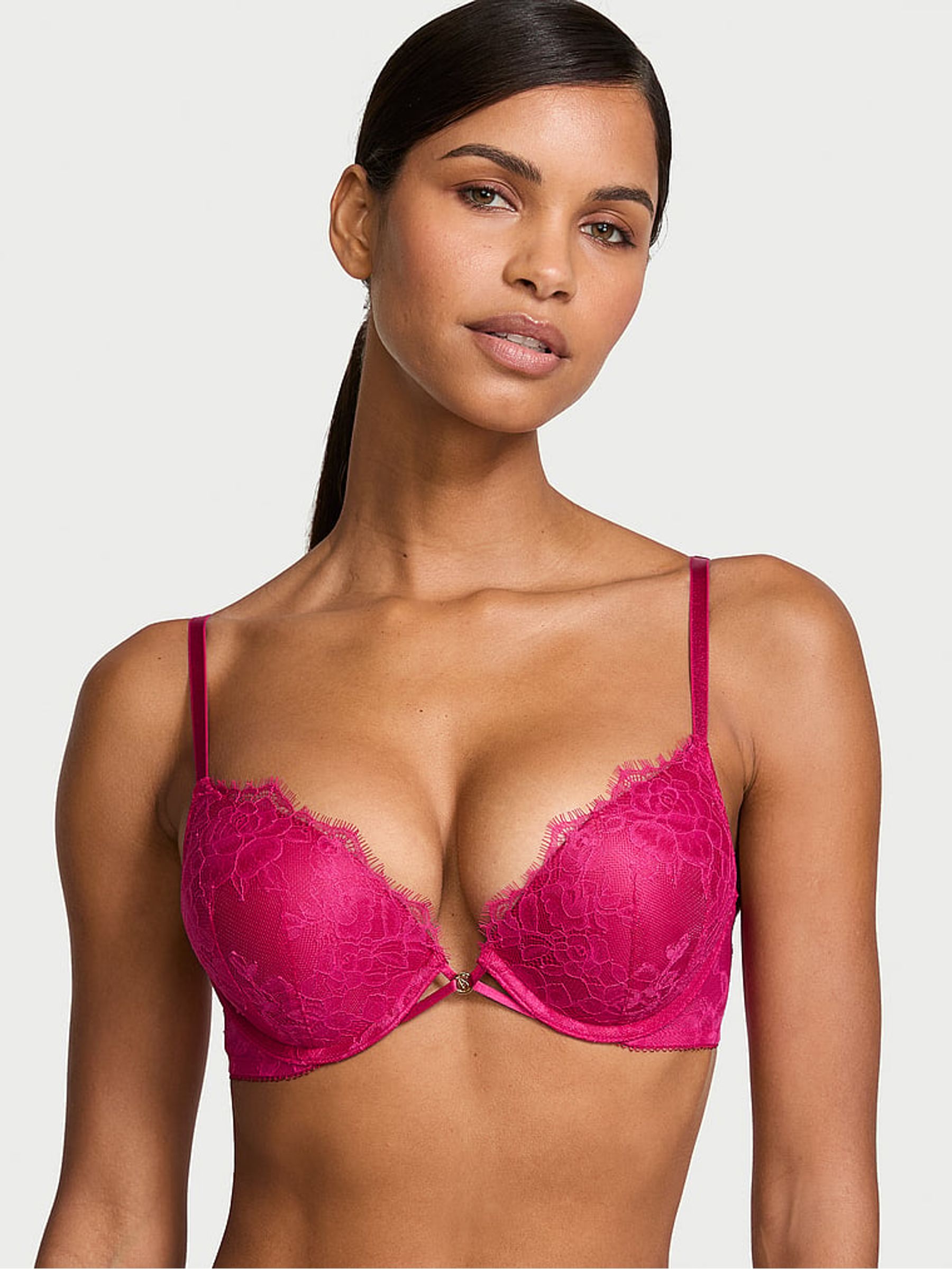 Cherry Blossom Pink Add 2 Cups Push Up Bombshell Rose Lace Bra - Image 1 of 3