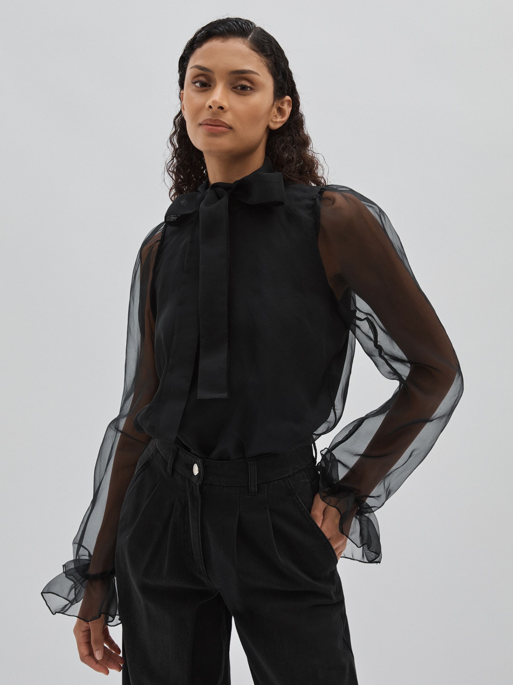 Silk-Organza Pussybow Bodysuit in Black - Image 1 of 7