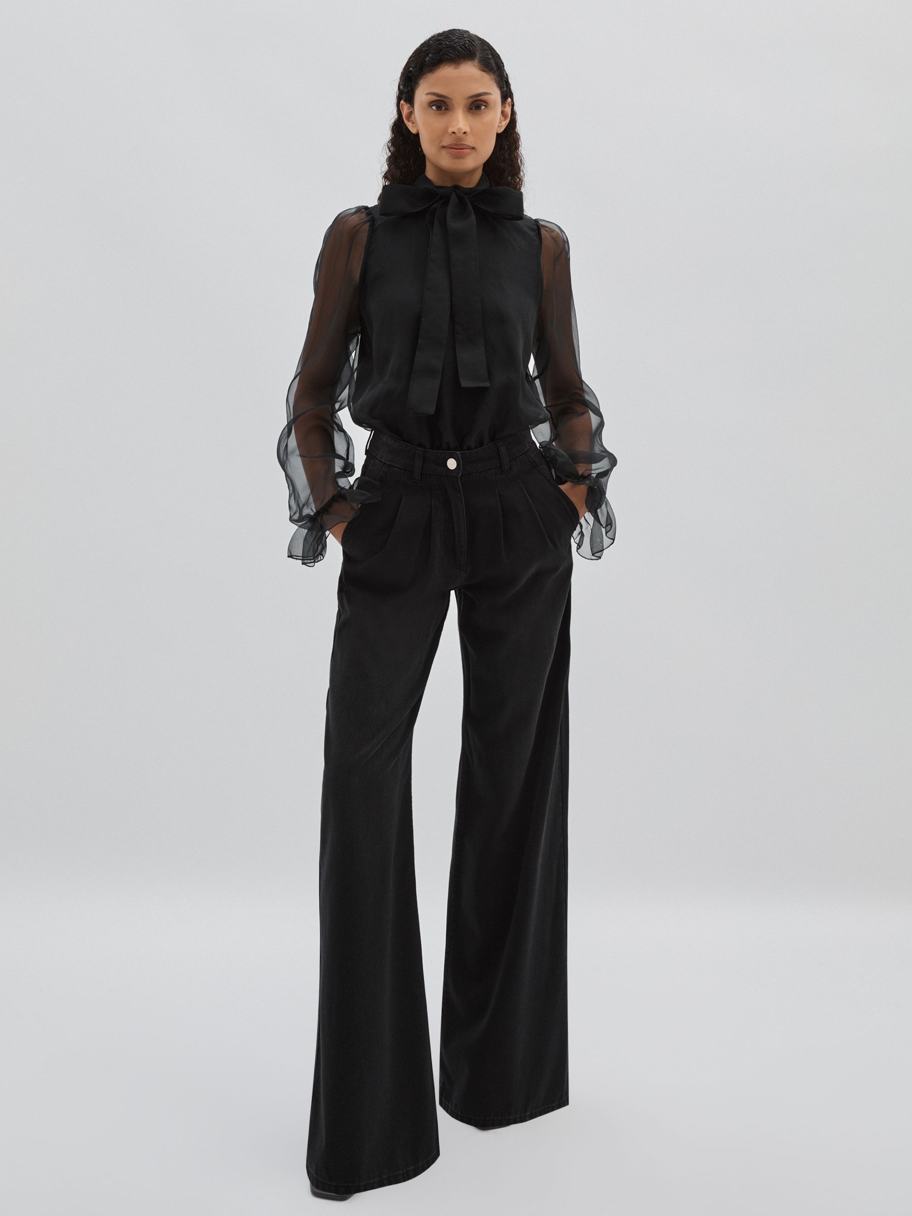 Silk-Organza Pussybow Bodysuit in Black - Image 3 of 7