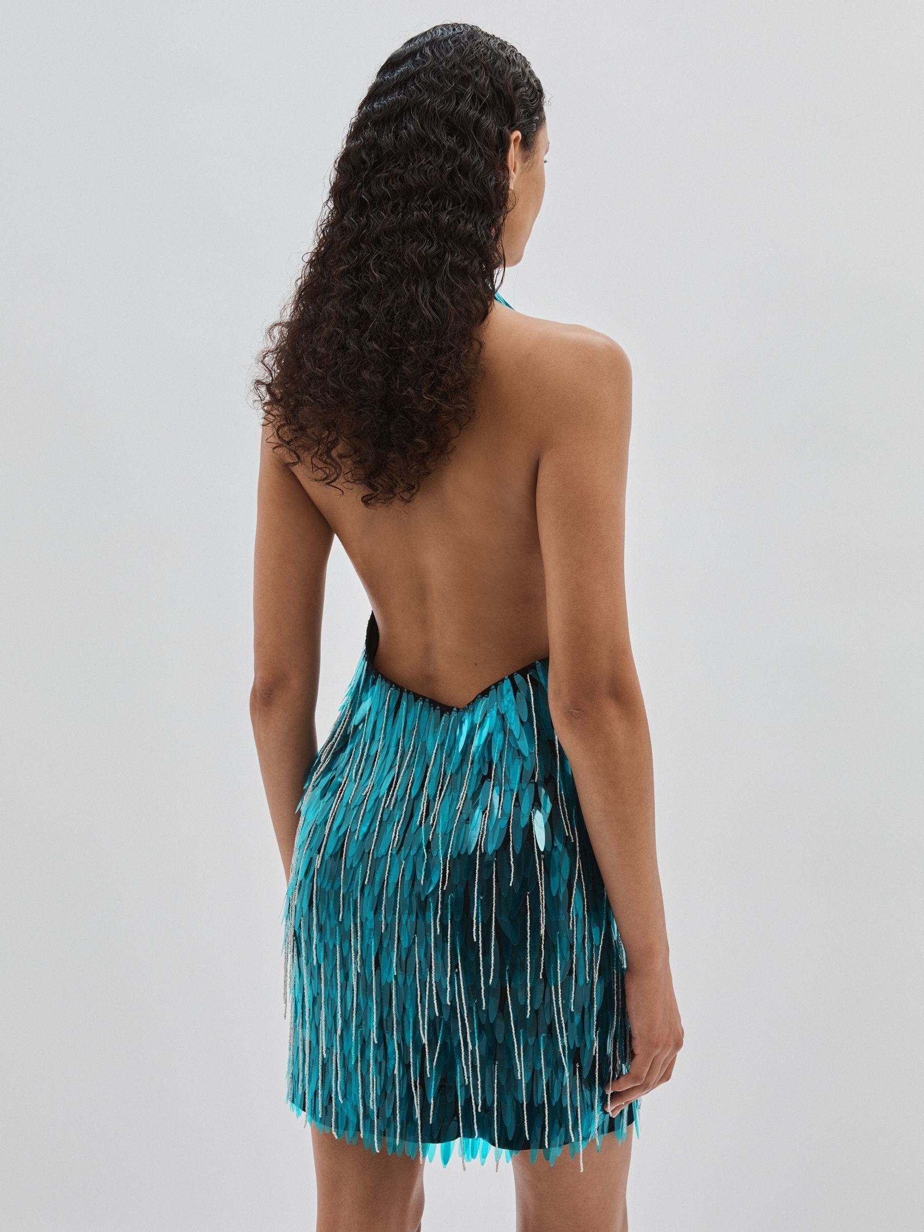 ILTA Sequinned and Beaded Halter-Neck Dress in Turquoise - Image 5 of 6