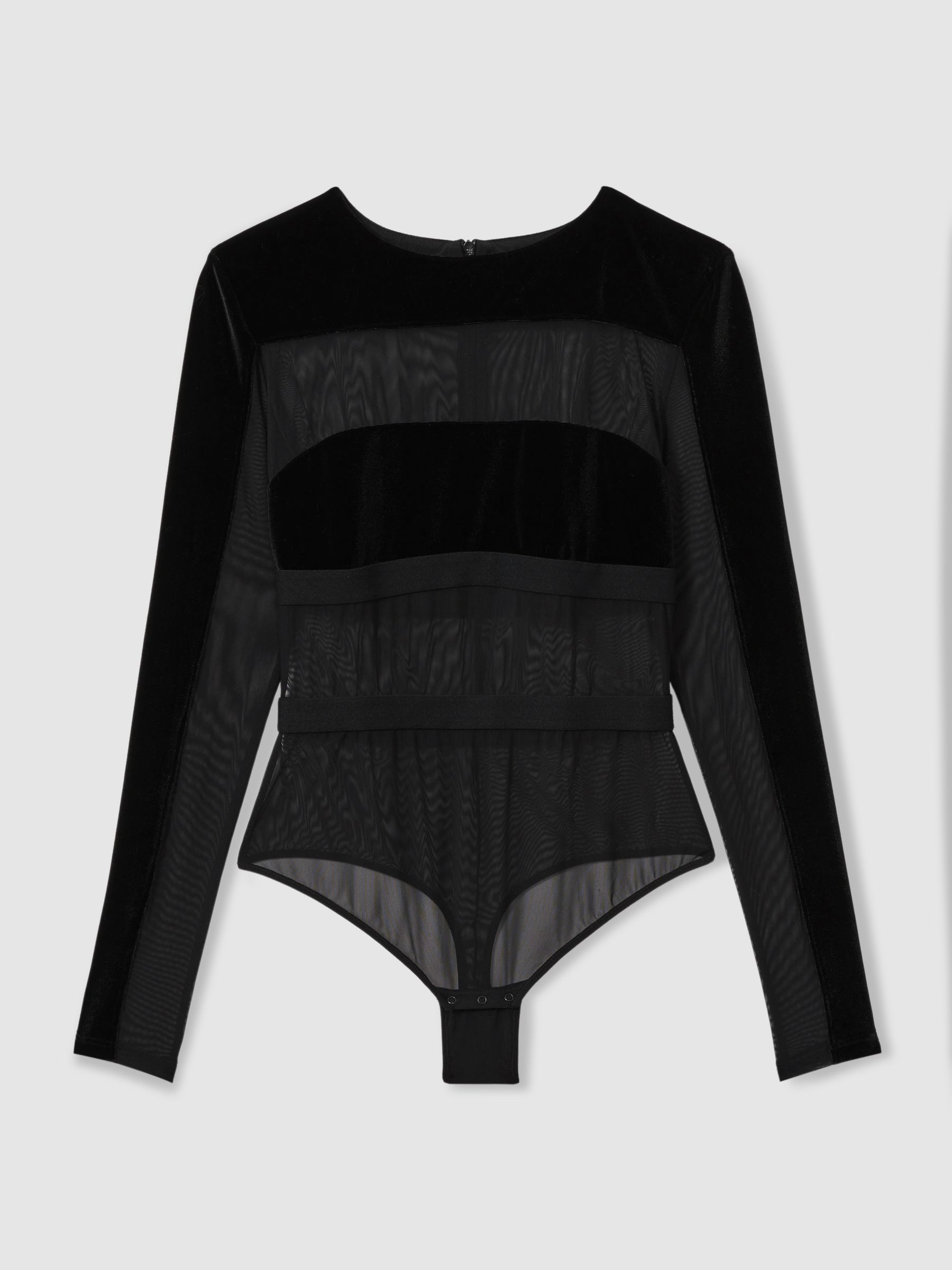 Velvet and Mesh Bodysuit in Black - Image 2 of 6