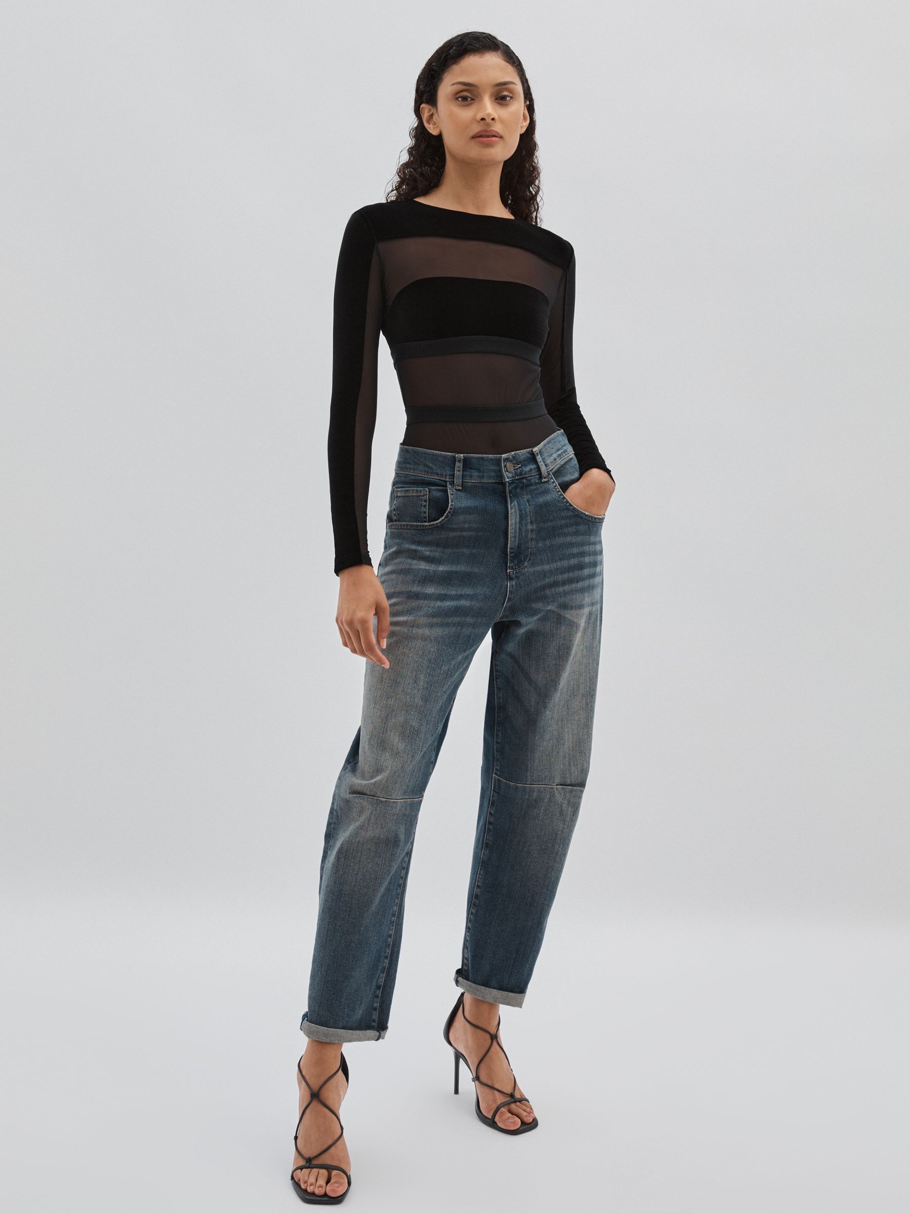 Velvet and Mesh Bodysuit in Black - Image 3 of 6