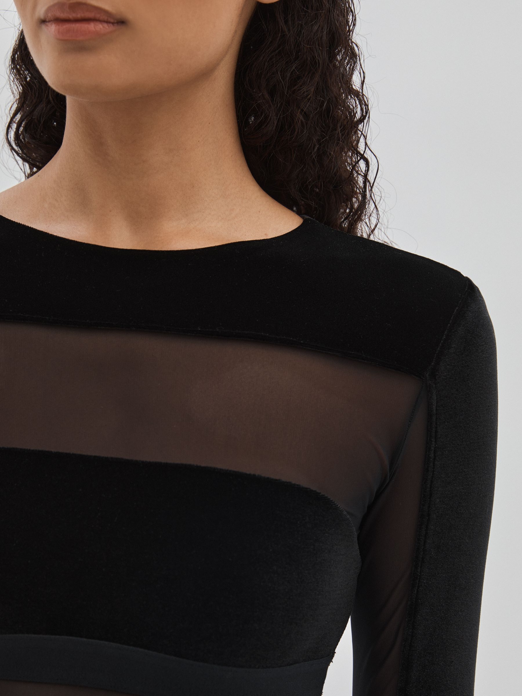 Velvet and Mesh Bodysuit in Black - Image 4 of 6