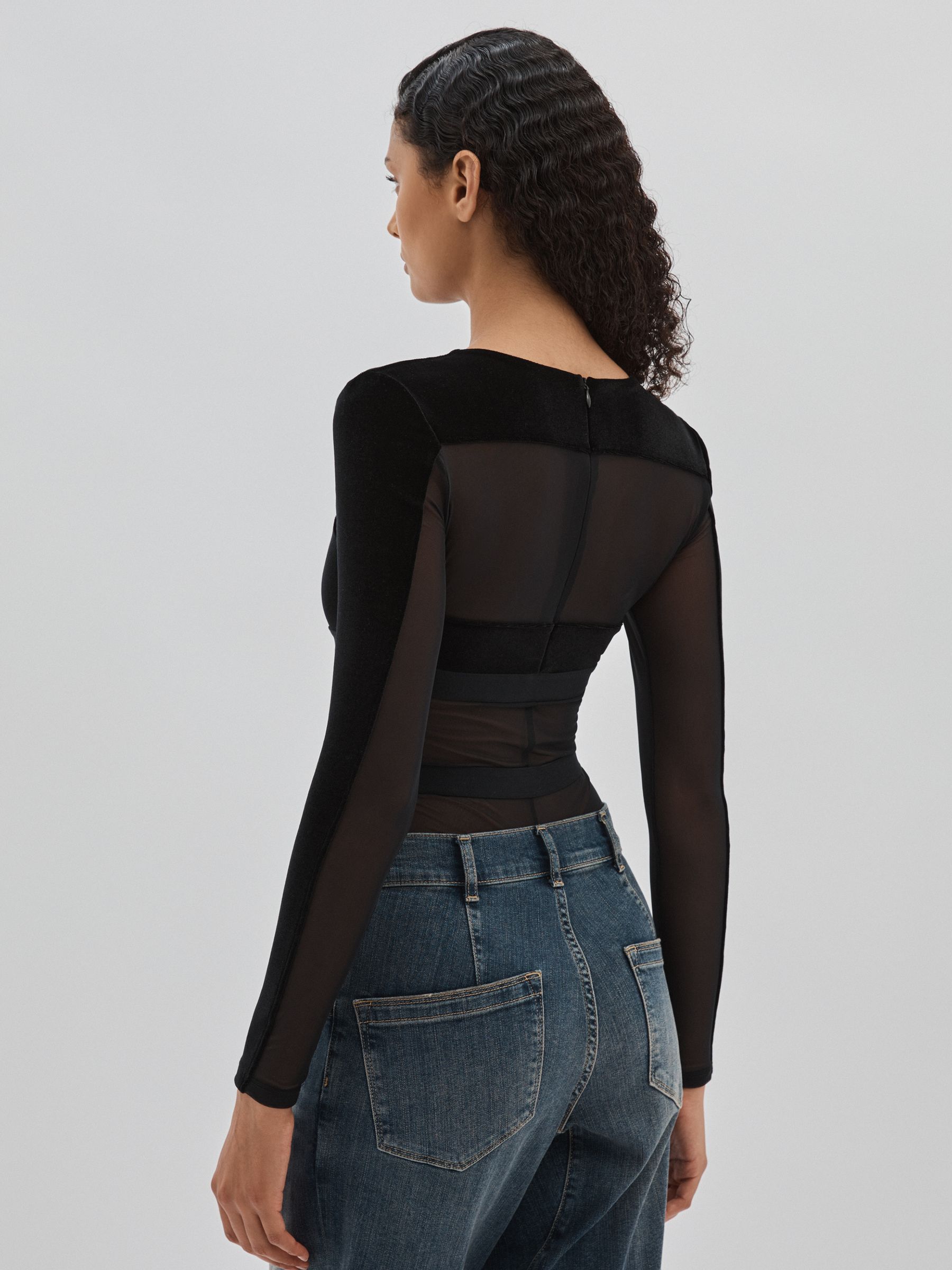 Velvet and Mesh Bodysuit in Black - Image 5 of 6
