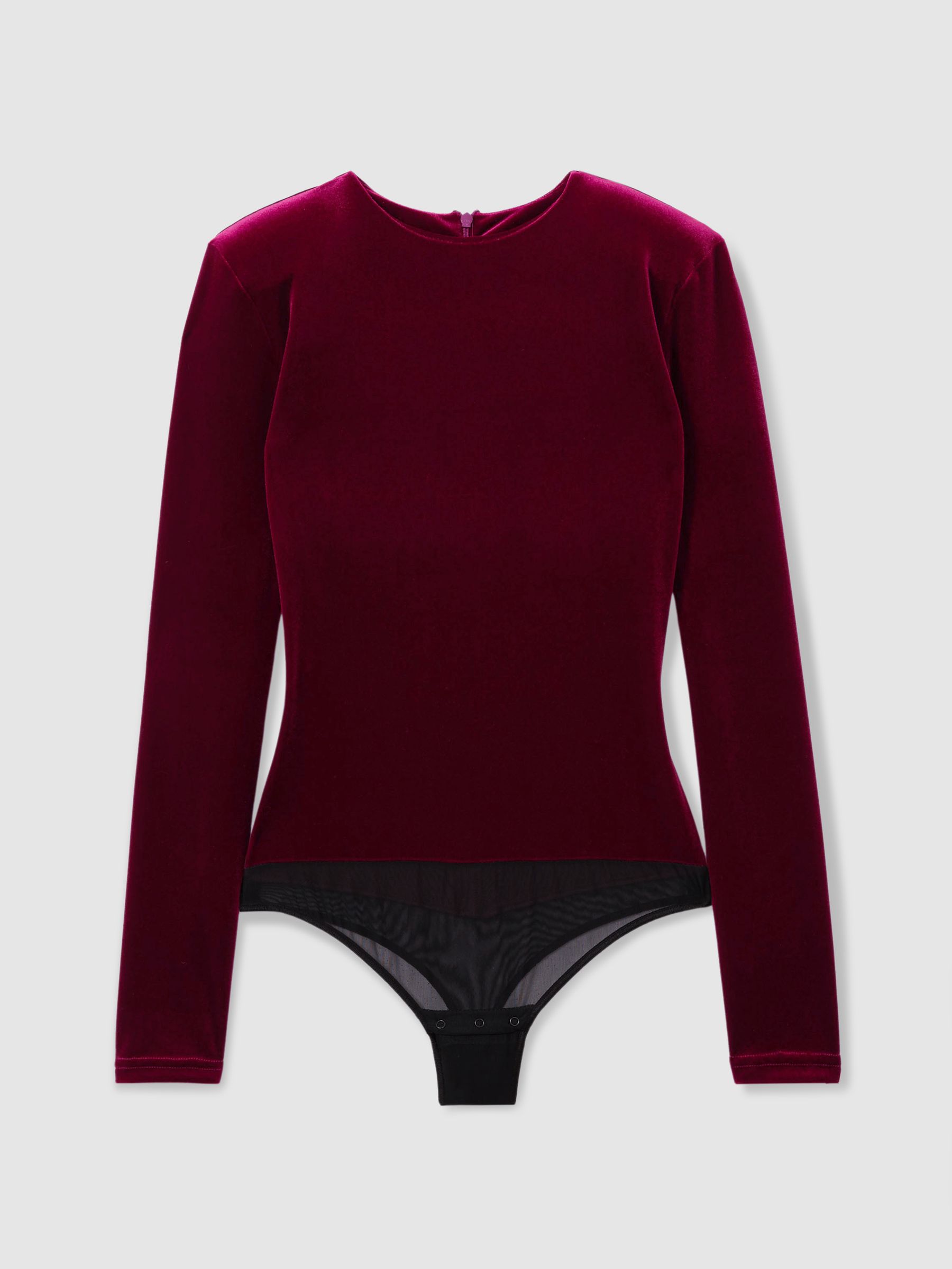 Padded-Shoulder Velvet Bodysuit in Burgundy - Image 2 of 6