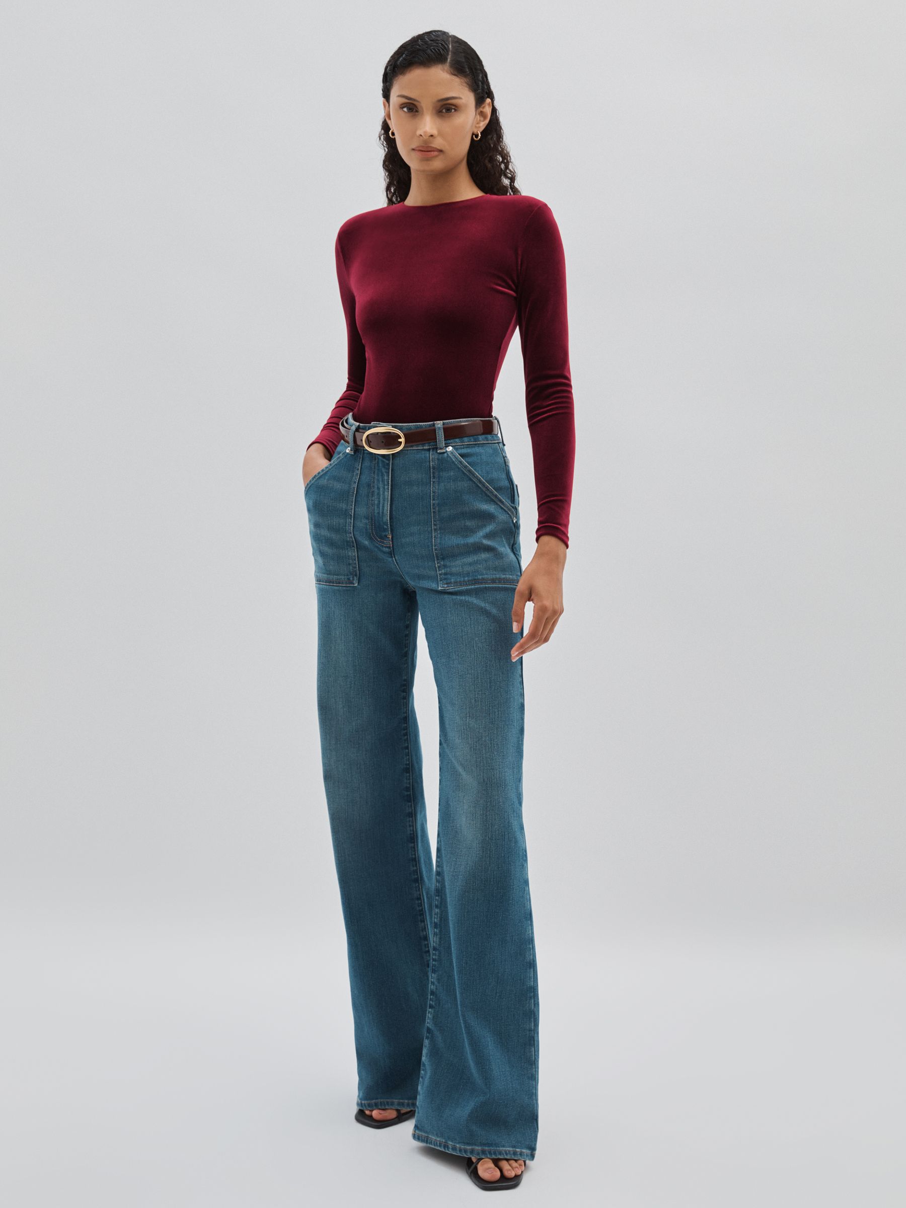 Padded-Shoulder Velvet Bodysuit in Burgundy - Image 3 of 6