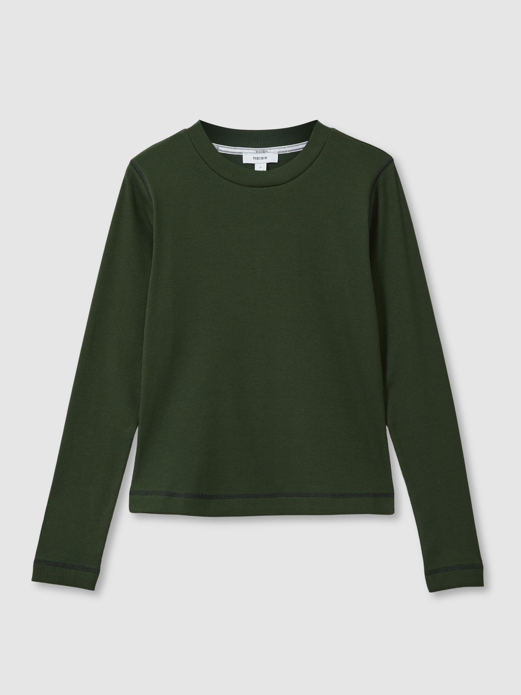Cotton With Stretch Contrast-Stitch Top in Green/Navy - Image 2 of 6