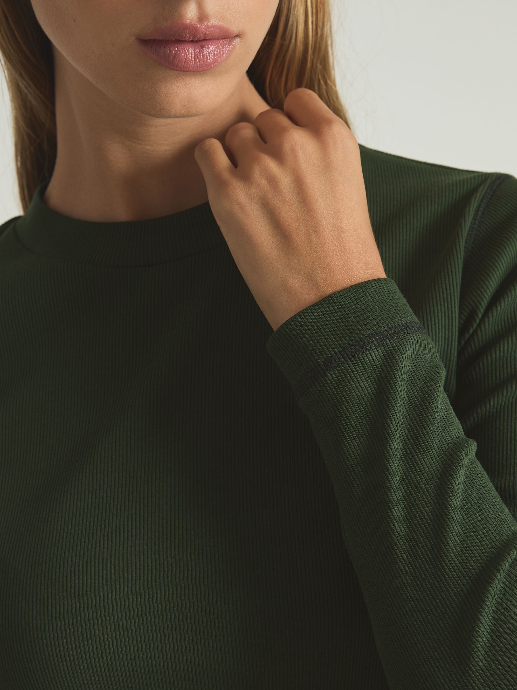 Cotton With Stretch Contrast-Stitch Top in Green/Navy - Image 4 of 6