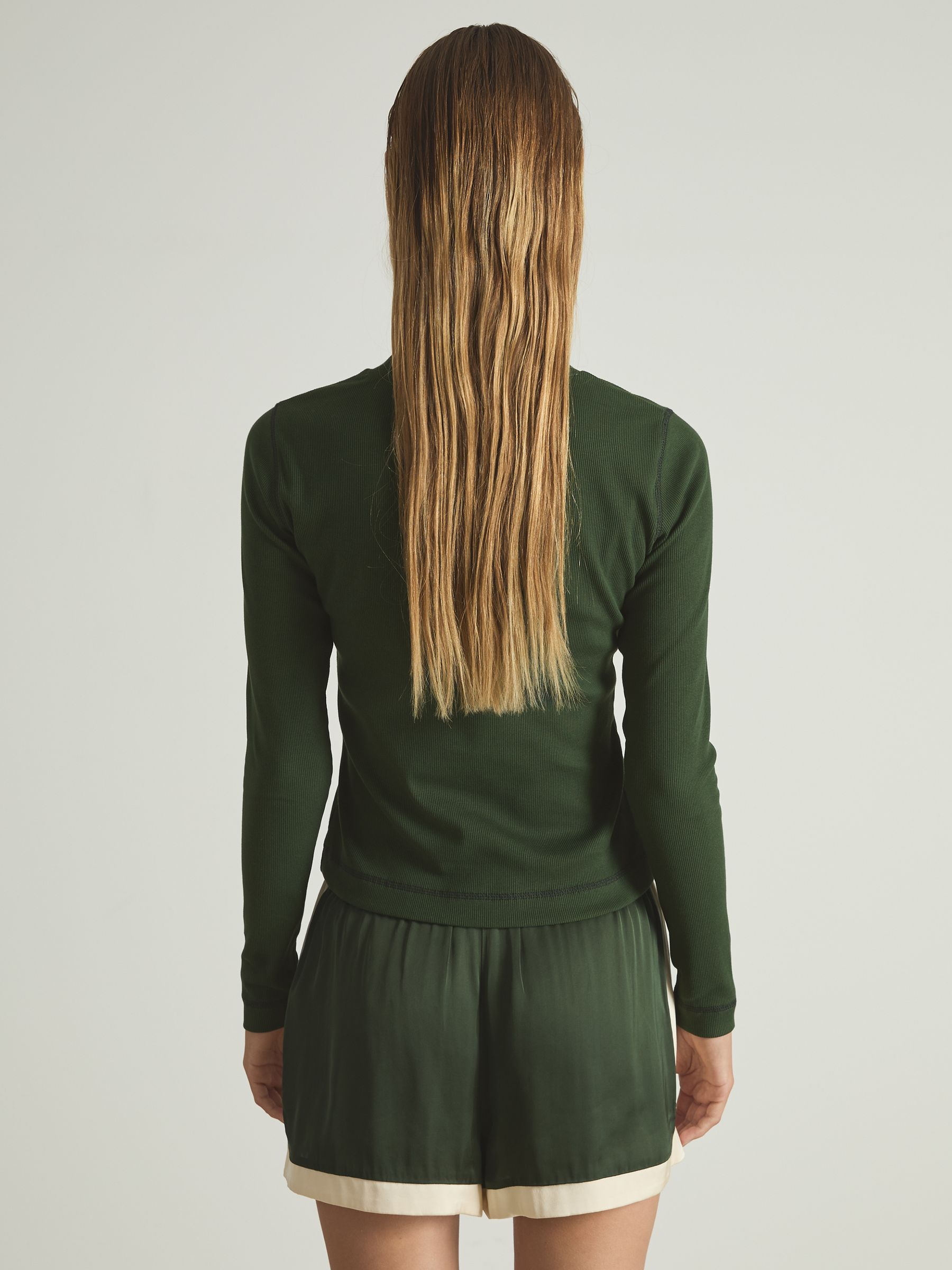 Cotton With Stretch Contrast-Stitch Top in Green/Navy - Image 5 of 6