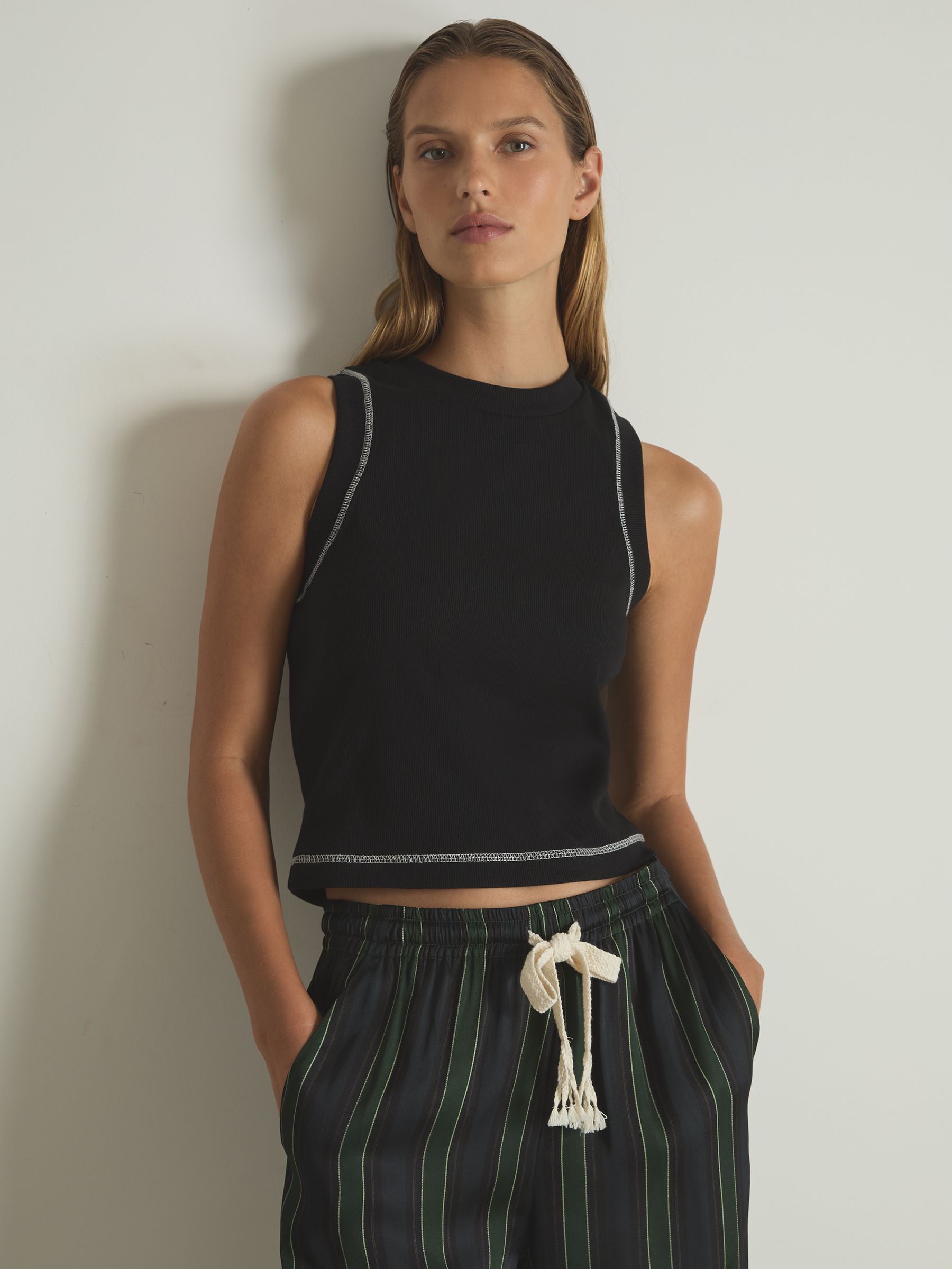 Cotton With Stretch Contrast-Stitch Vest in Black/Ivory - Image 1 of 6
