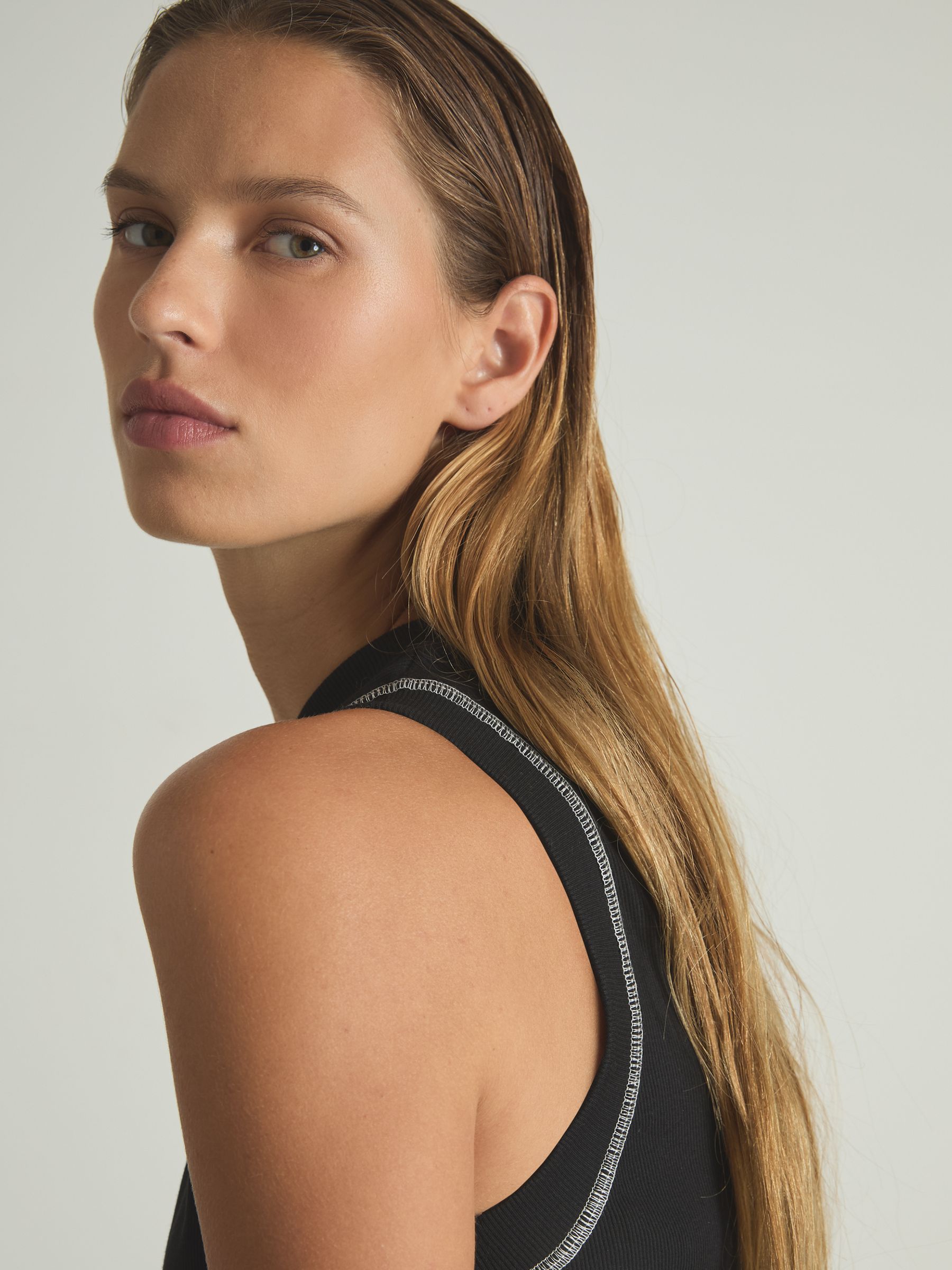 Cotton With Stretch Contrast-Stitch Vest in Black/Ivory - Image 4 of 6