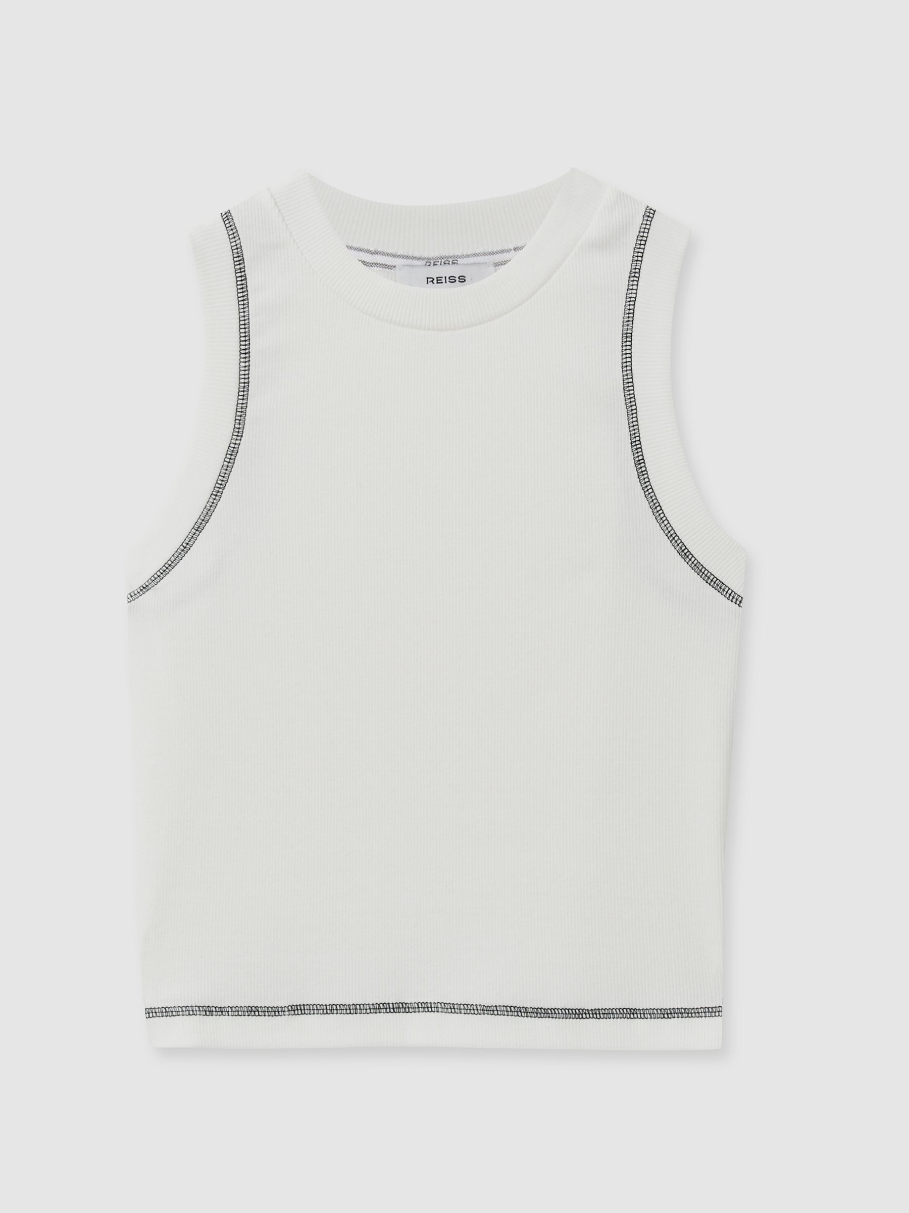 Cotton With Stretch Contrast-Stitch Vest in Ivory/Navy - Image 2 of 6