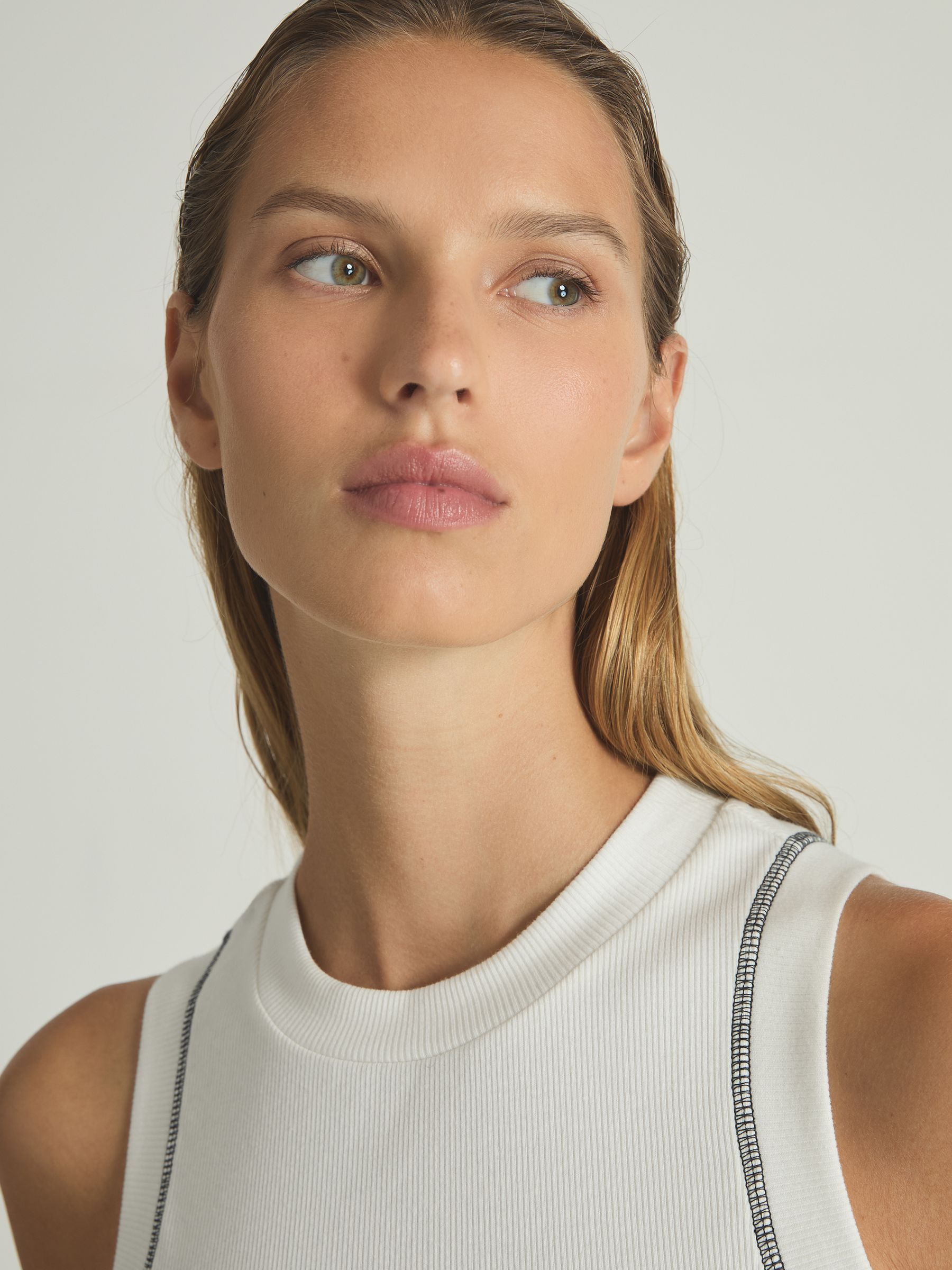 Cotton With Stretch Contrast-Stitch Vest in Ivory/Navy - Image 4 of 6