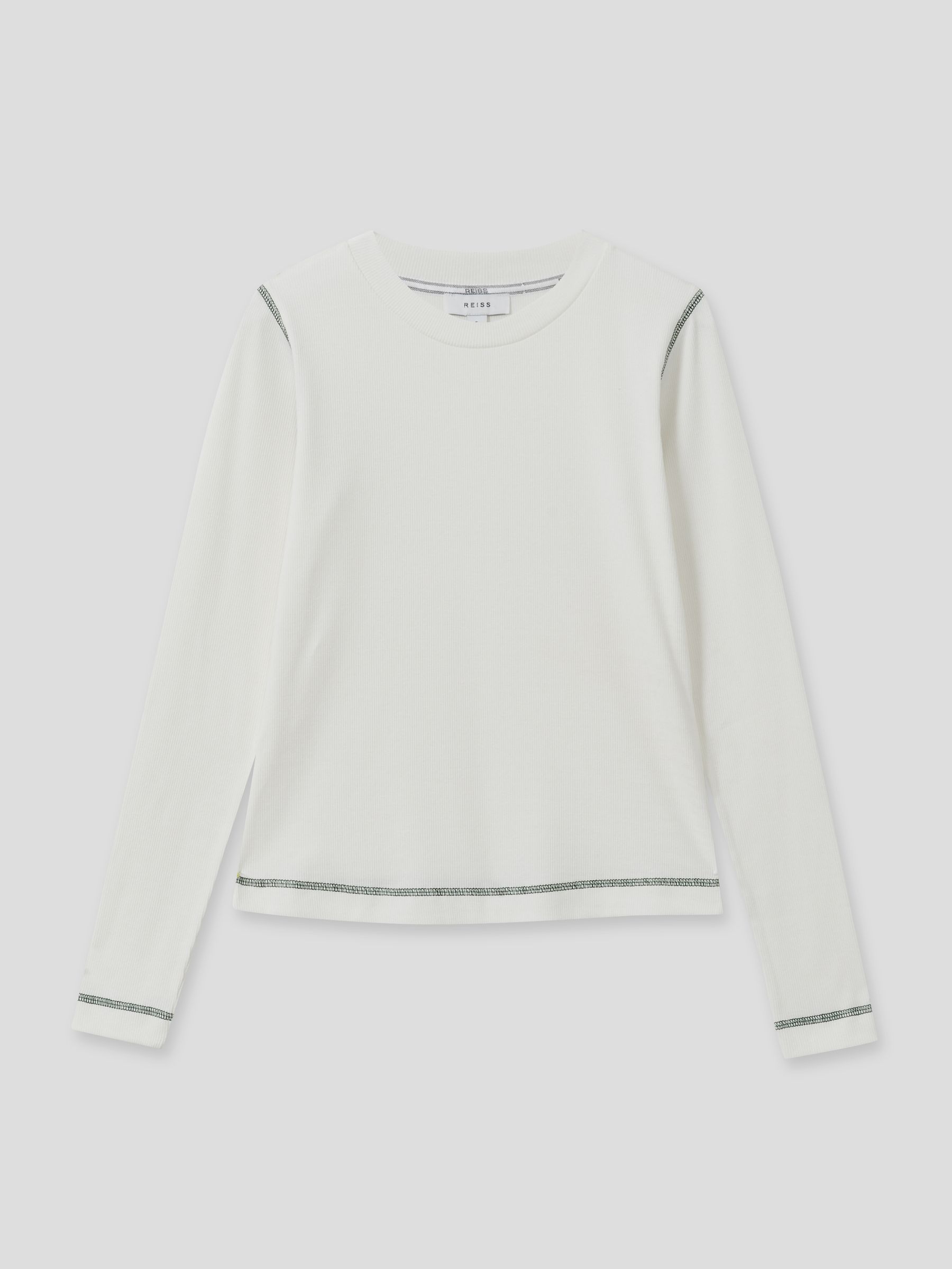 Cotton With Stretch Contrast-Stitch Top in Ivory/Green - Image 2 of 6