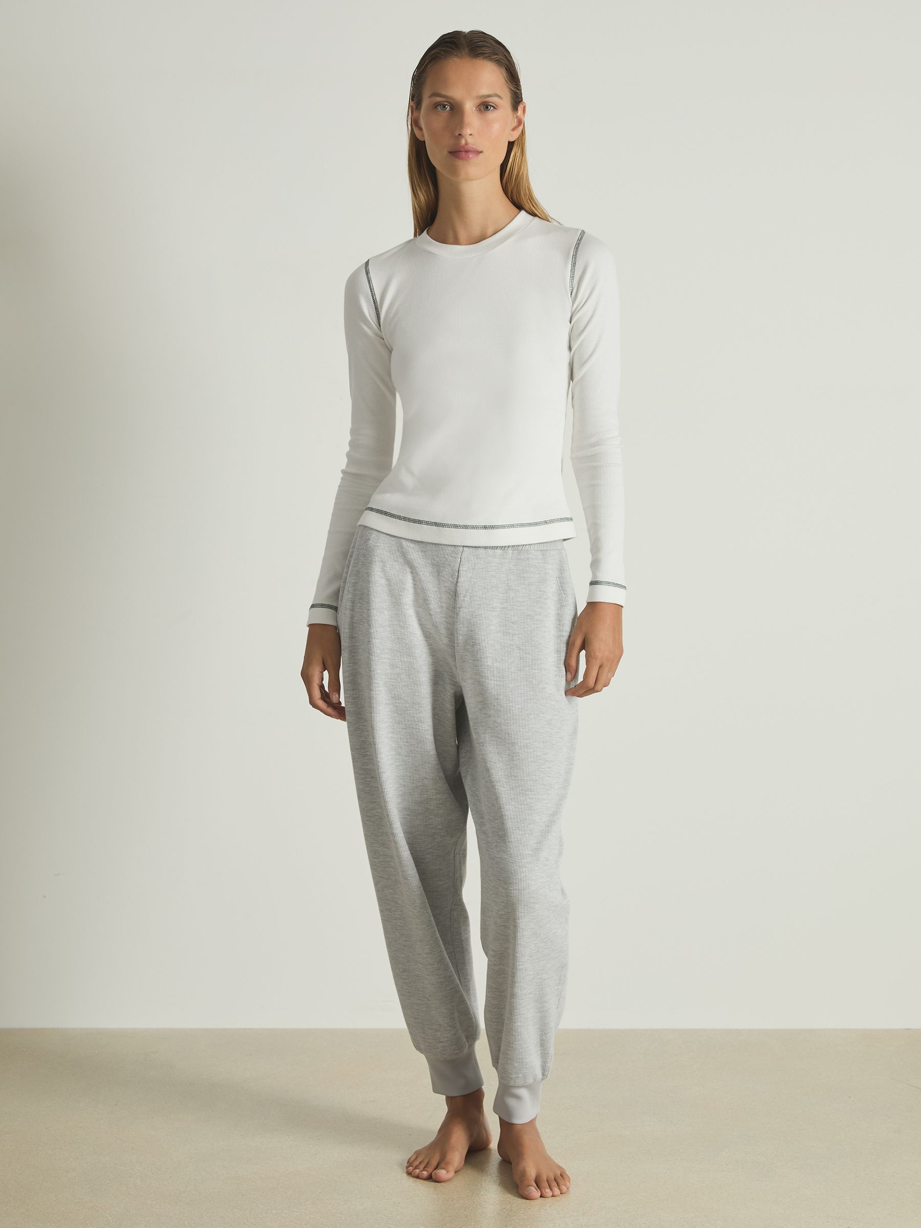 Cotton With Stretch Contrast-Stitch Top in Ivory/Green - Image 3 of 6