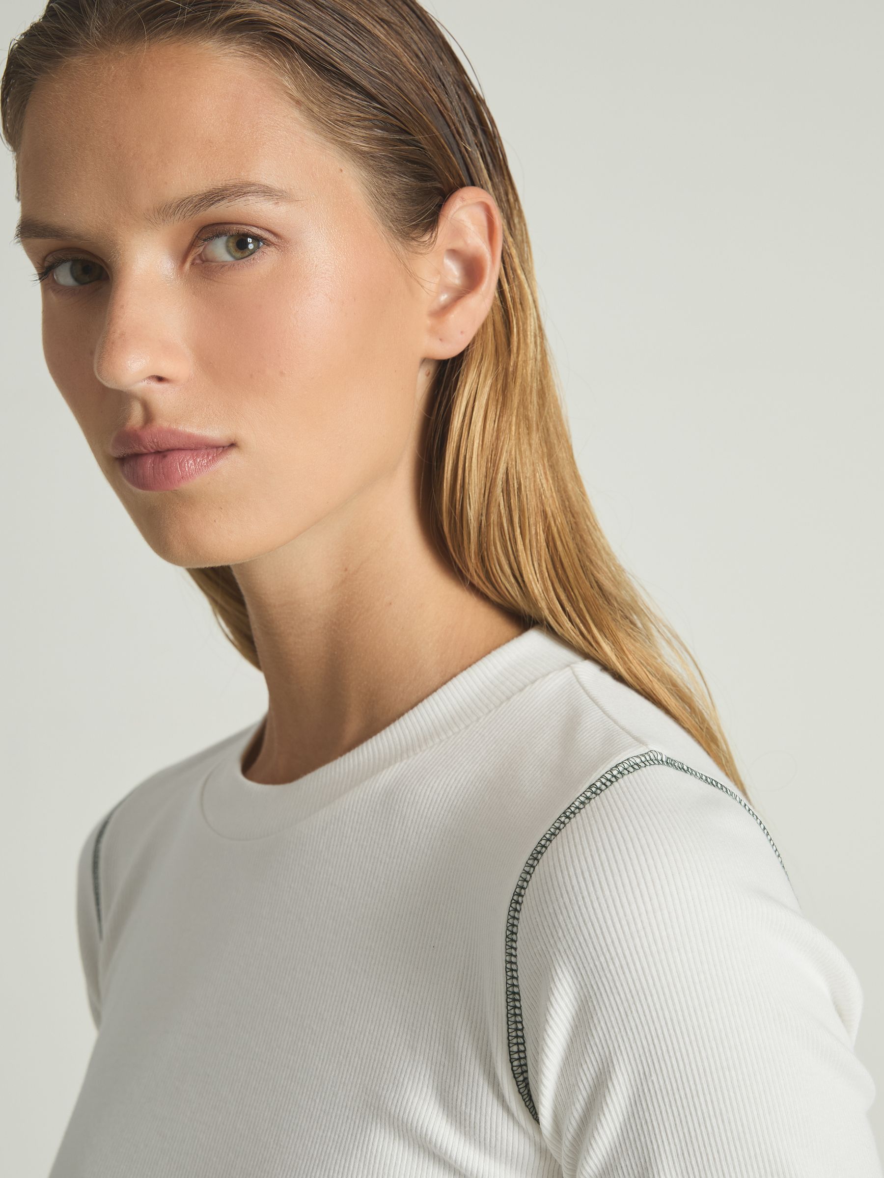 Cotton With Stretch Contrast-Stitch Top in Ivory/Green - Image 4 of 6