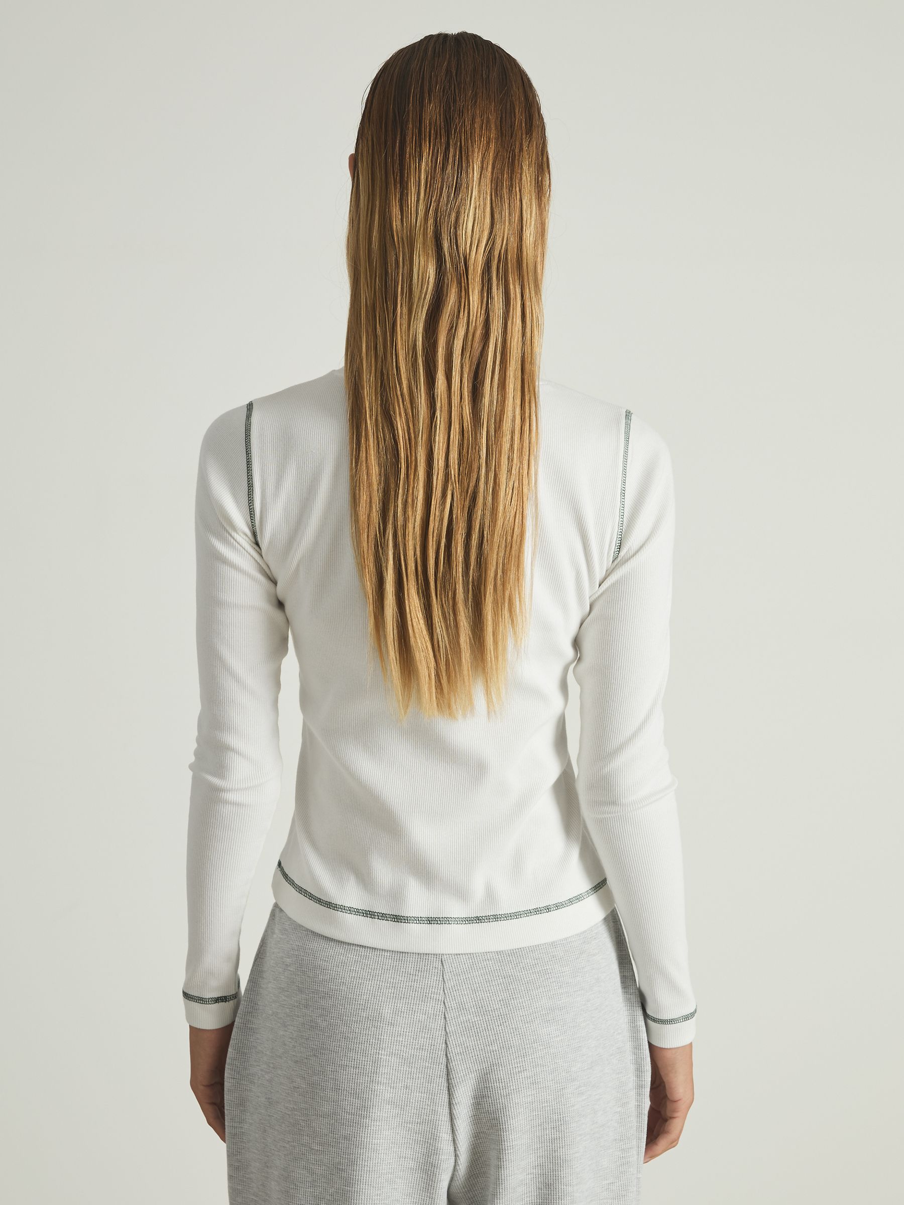 Cotton With Stretch Contrast-Stitch Top in Ivory/Green - Image 5 of 6