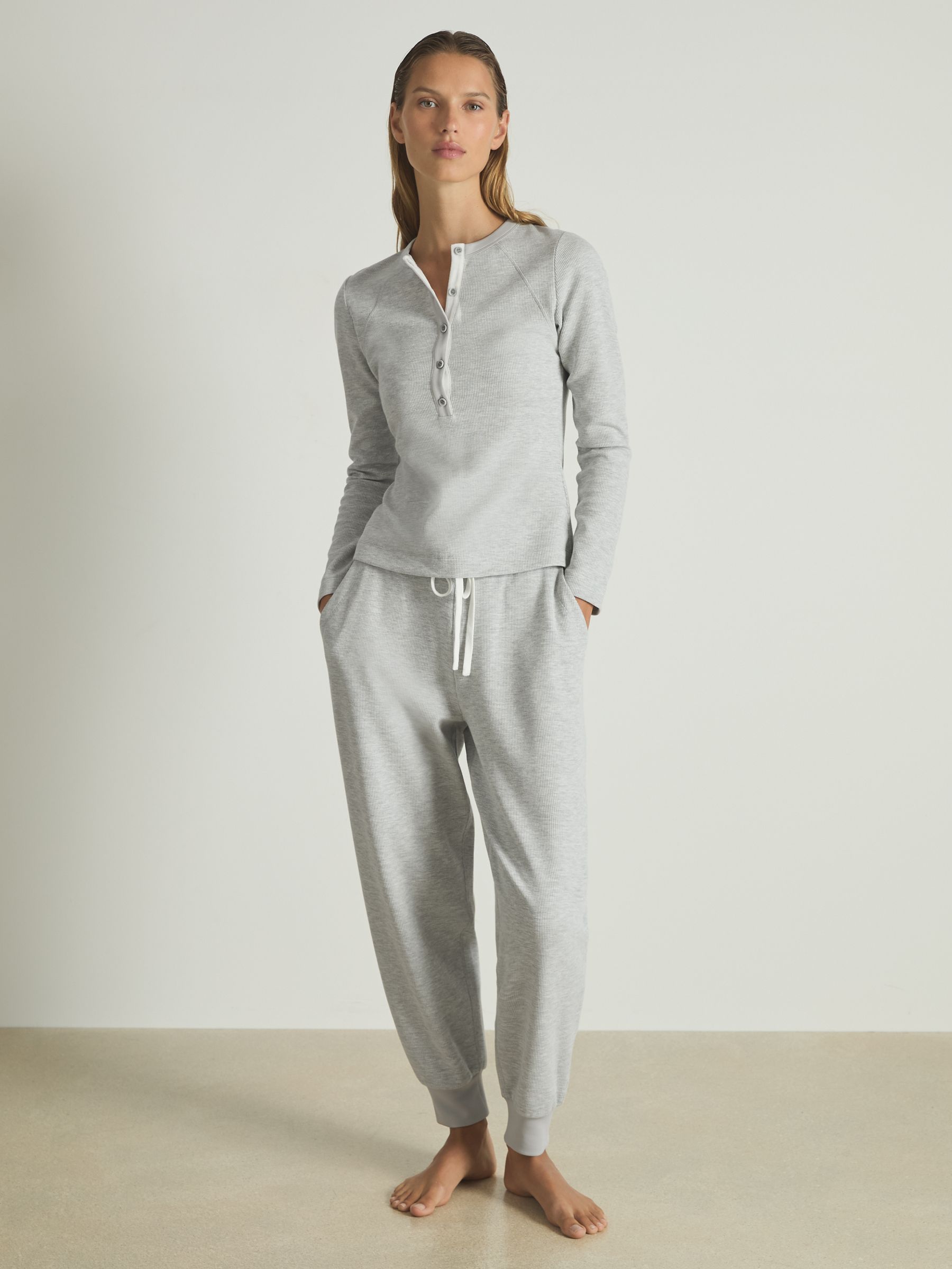 Waffle Jersey Henley Top with Cotton in Grey Marl - Image 3 of 6
