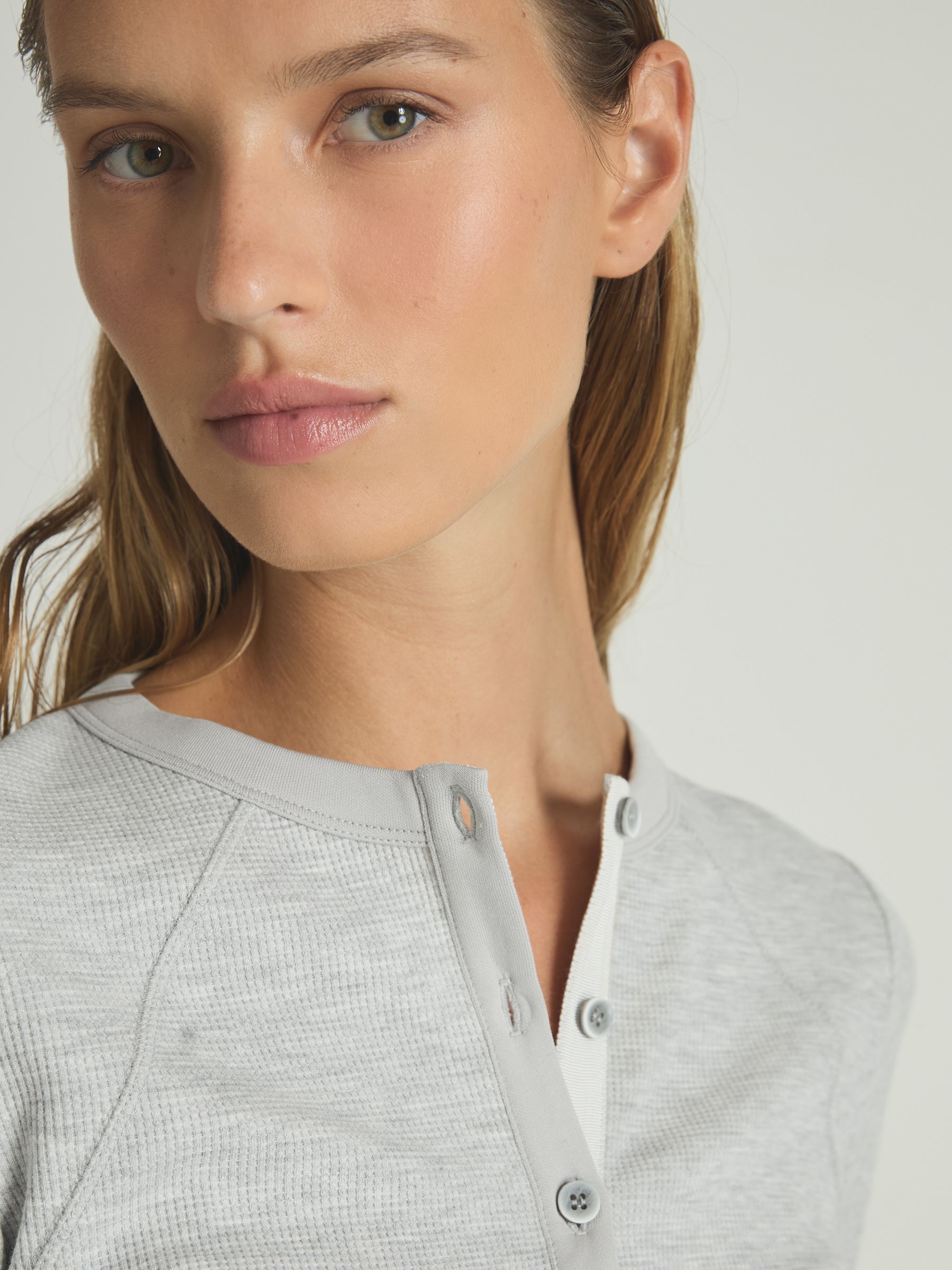 Waffle Jersey Henley Top with Cotton in Grey Marl - Image 4 of 6
