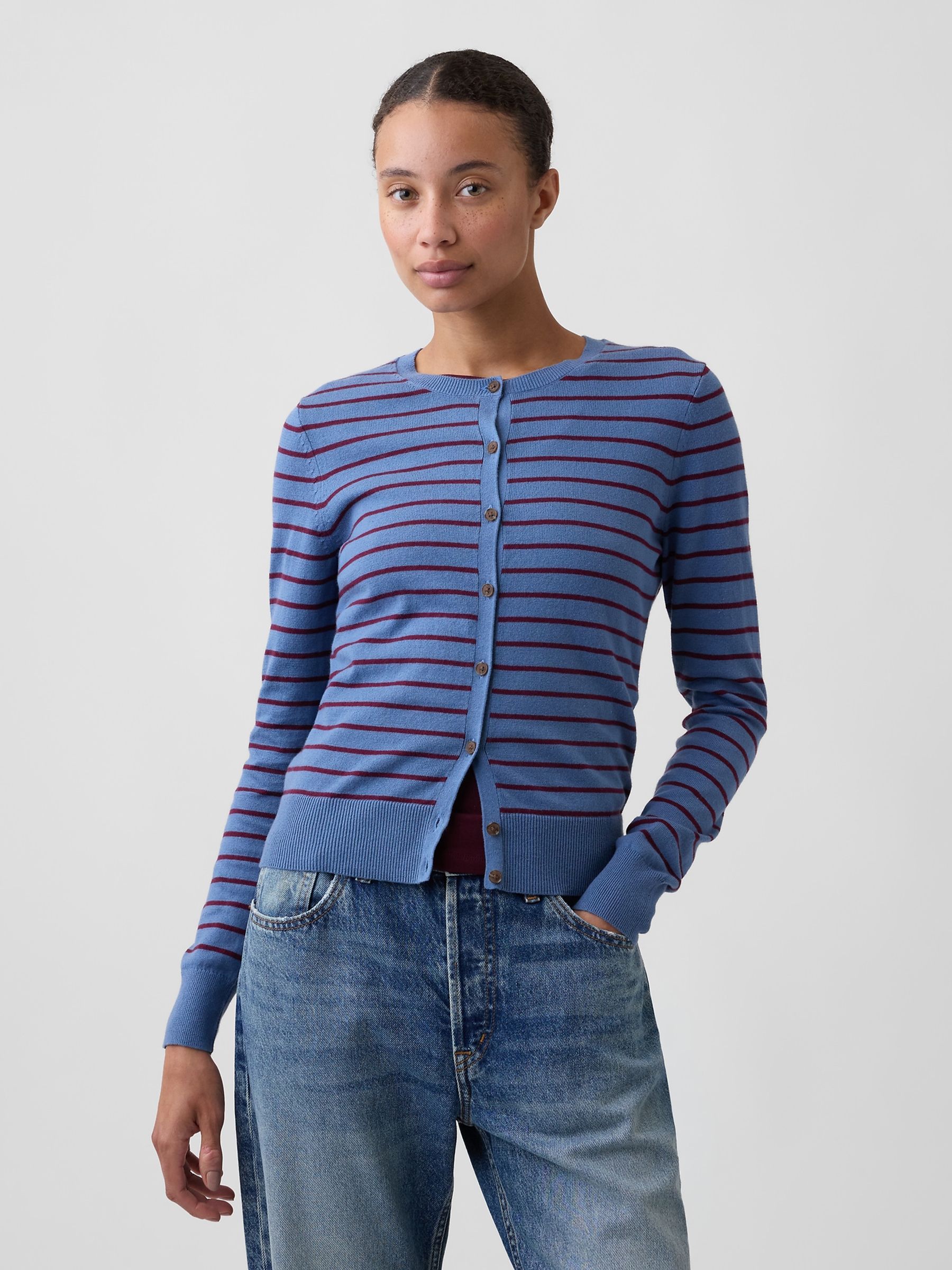 Blue/Burgundy Stripe Crew Neck Cardigan - Image 1 of 5