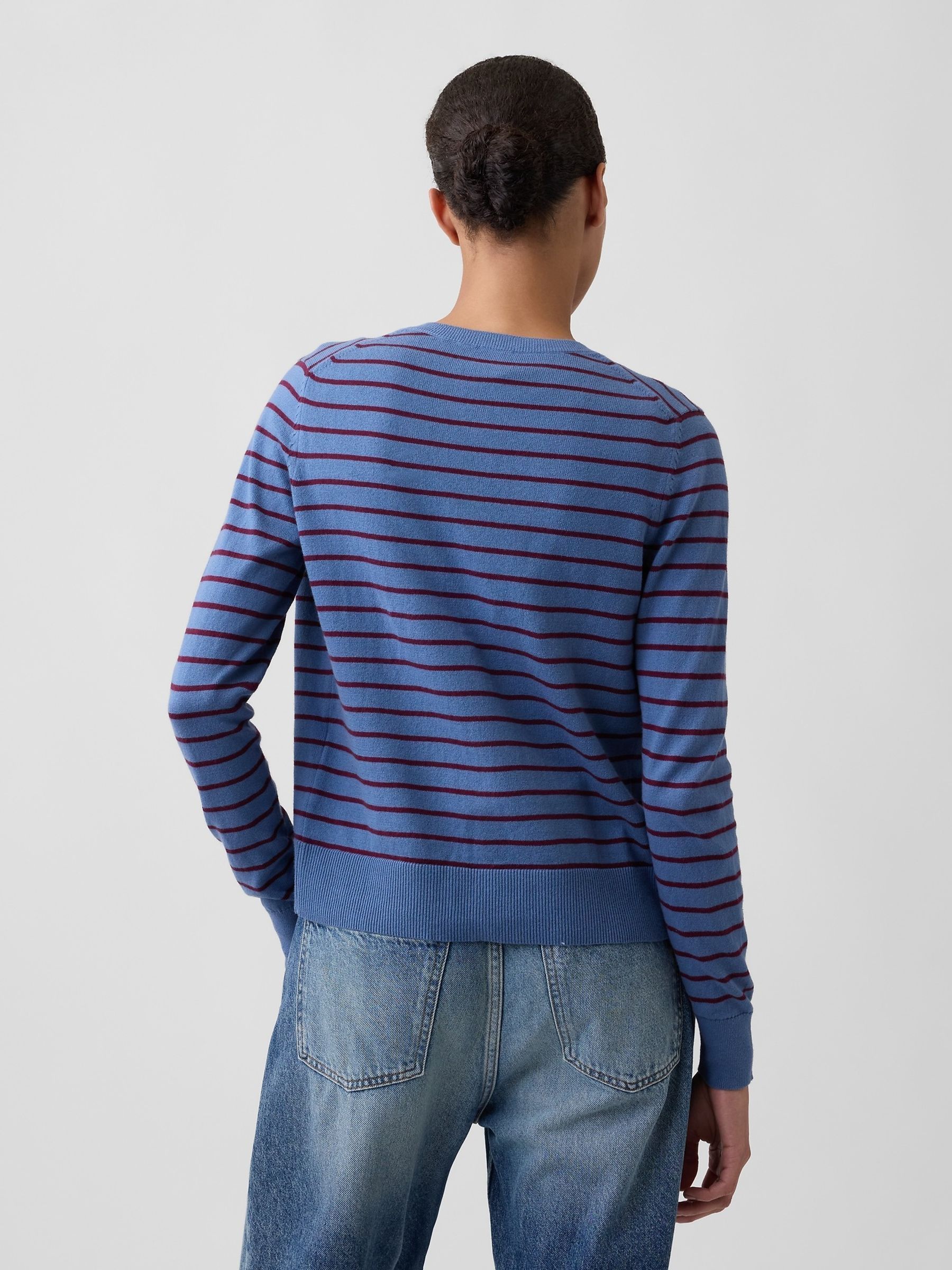 Blue/Burgundy Stripe Crew Neck Cardigan - Image 2 of 5 Blue/Burgundy Stripe Crew Neck Cardigan - Image 2 of 5