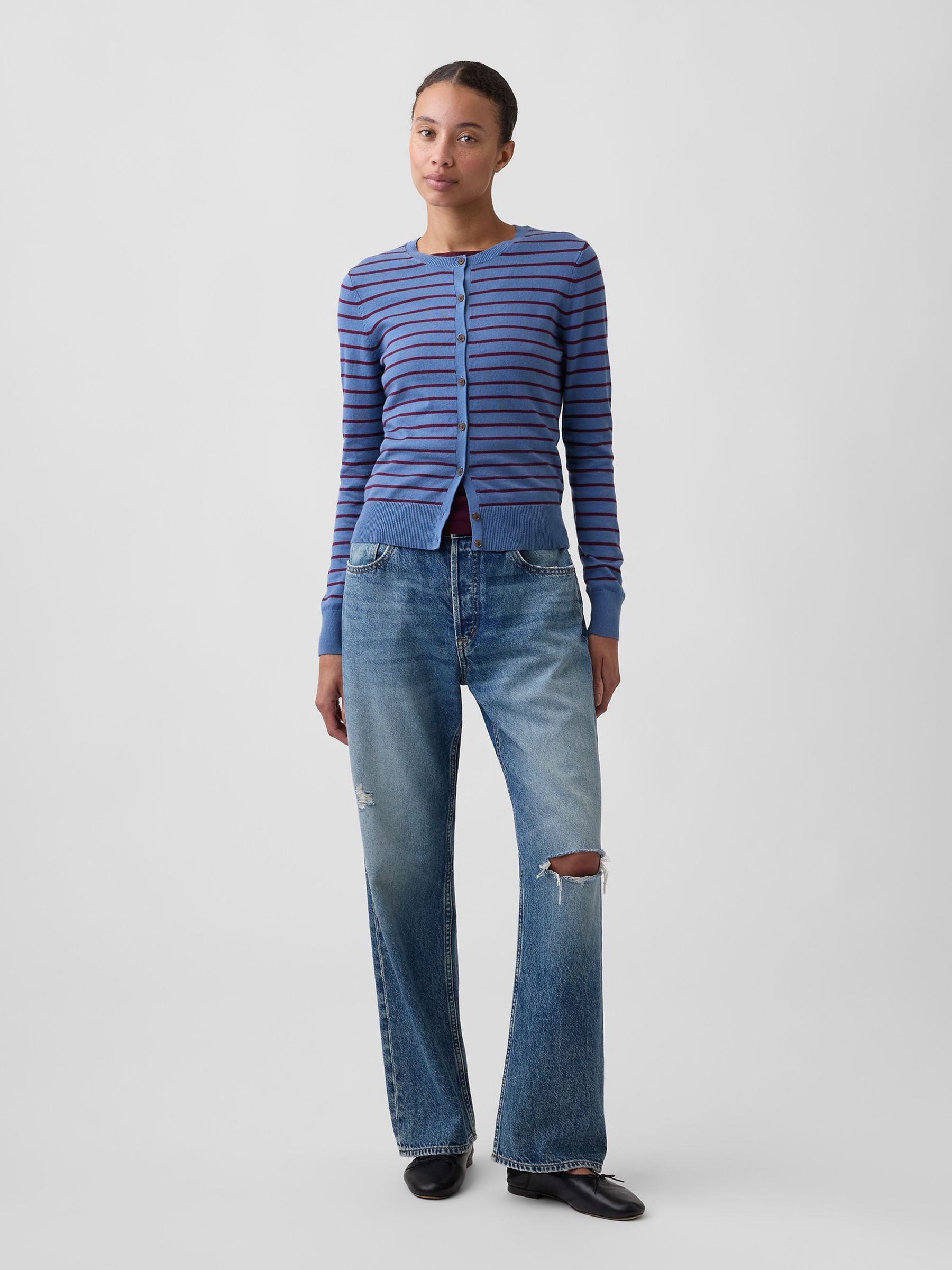 Blue/Burgundy Stripe Crew Neck Cardigan - Image 3 of 5