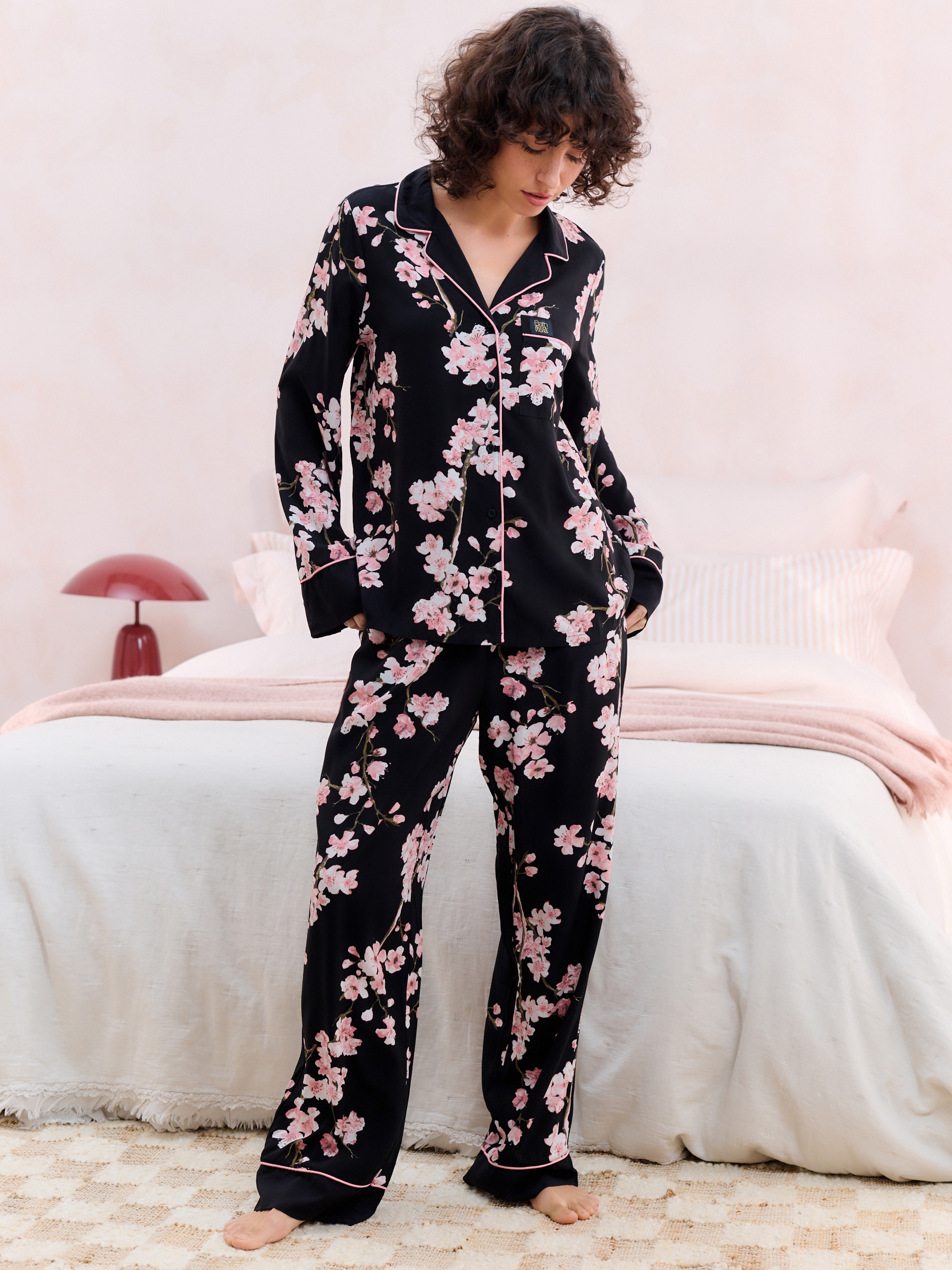 Black Japanese Cherry Blossom Cosy Button Through Pyjamas - Image 1 of 11