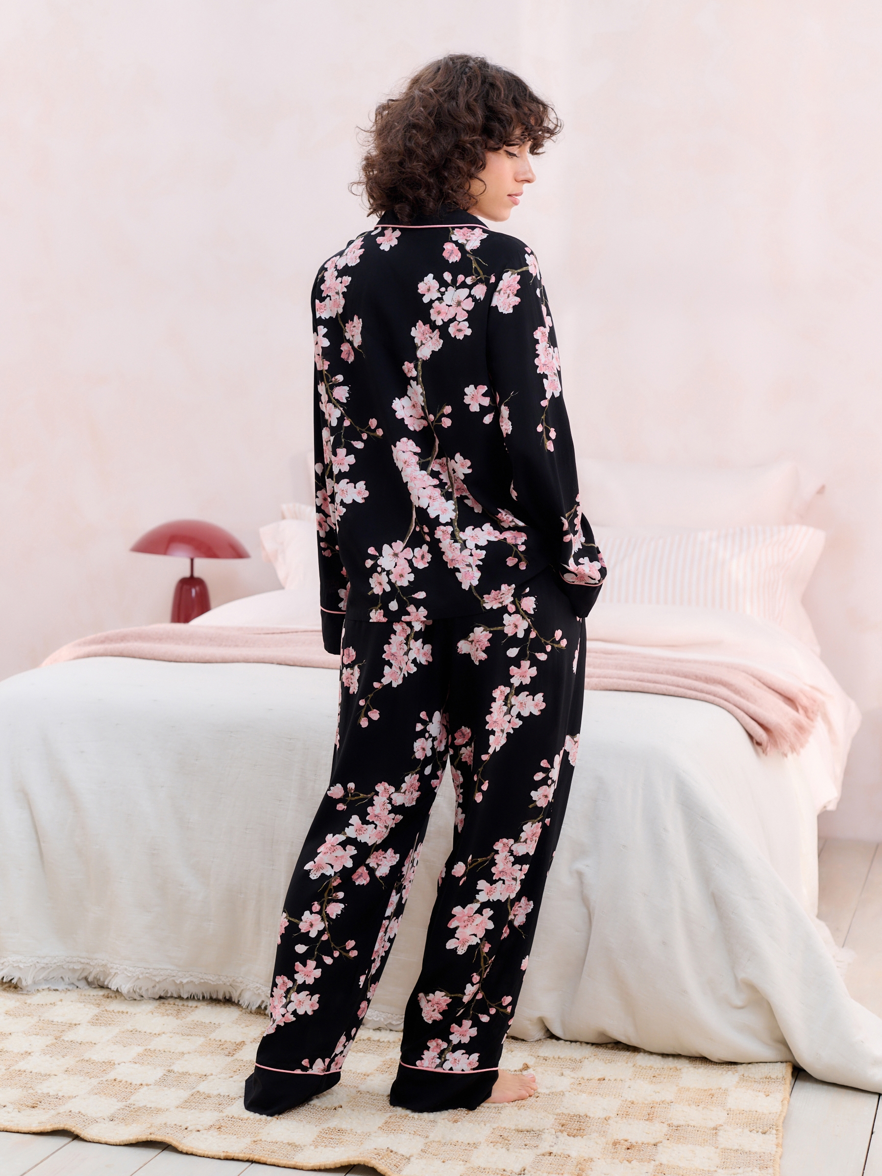 Black Japanese Cherry Blossom Cosy Button Through Pyjamas - Image 2 of 11