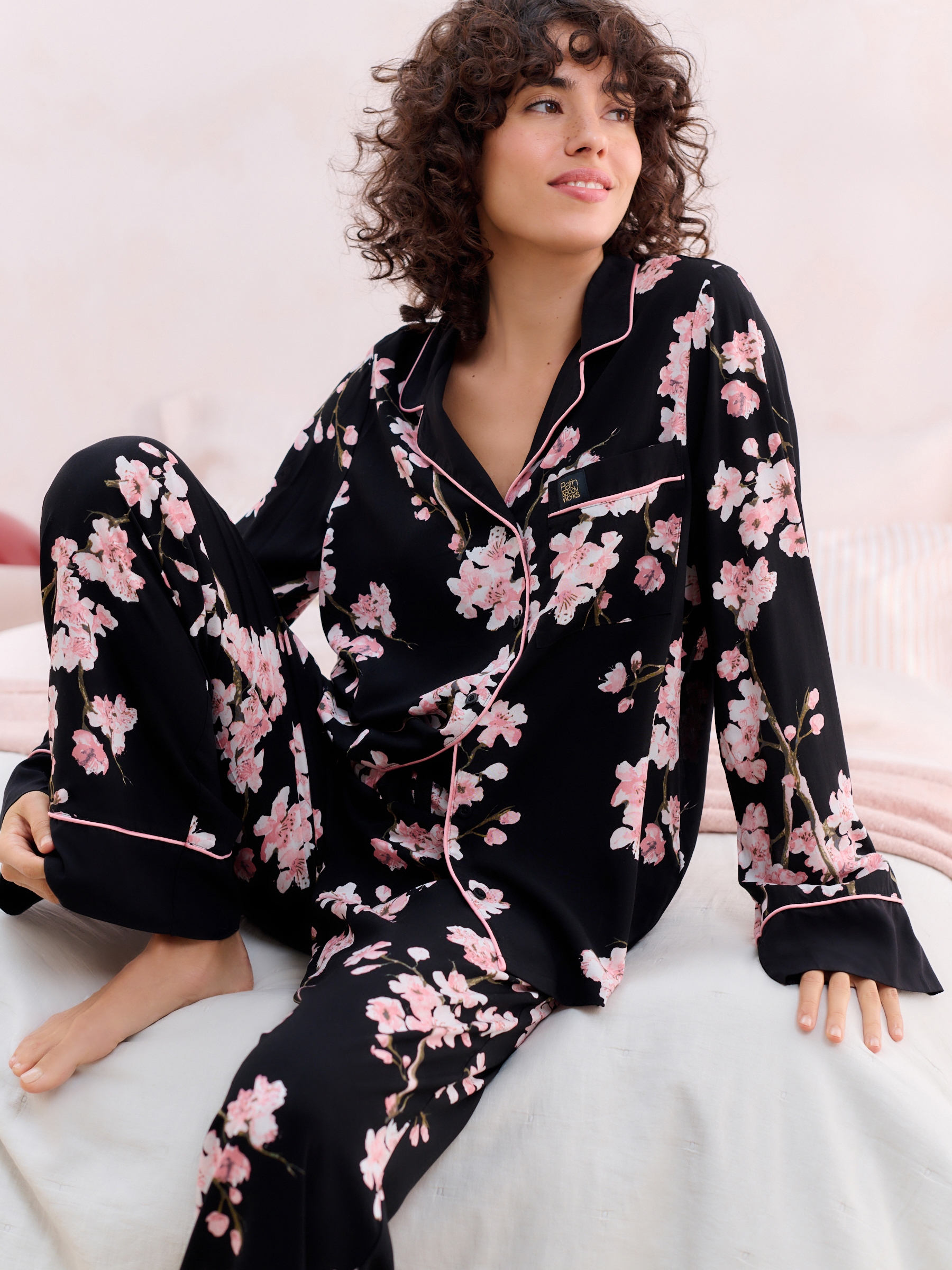 Black Japanese Cherry Blossom Cosy Button Through Pyjamas - Image 3 of 11
