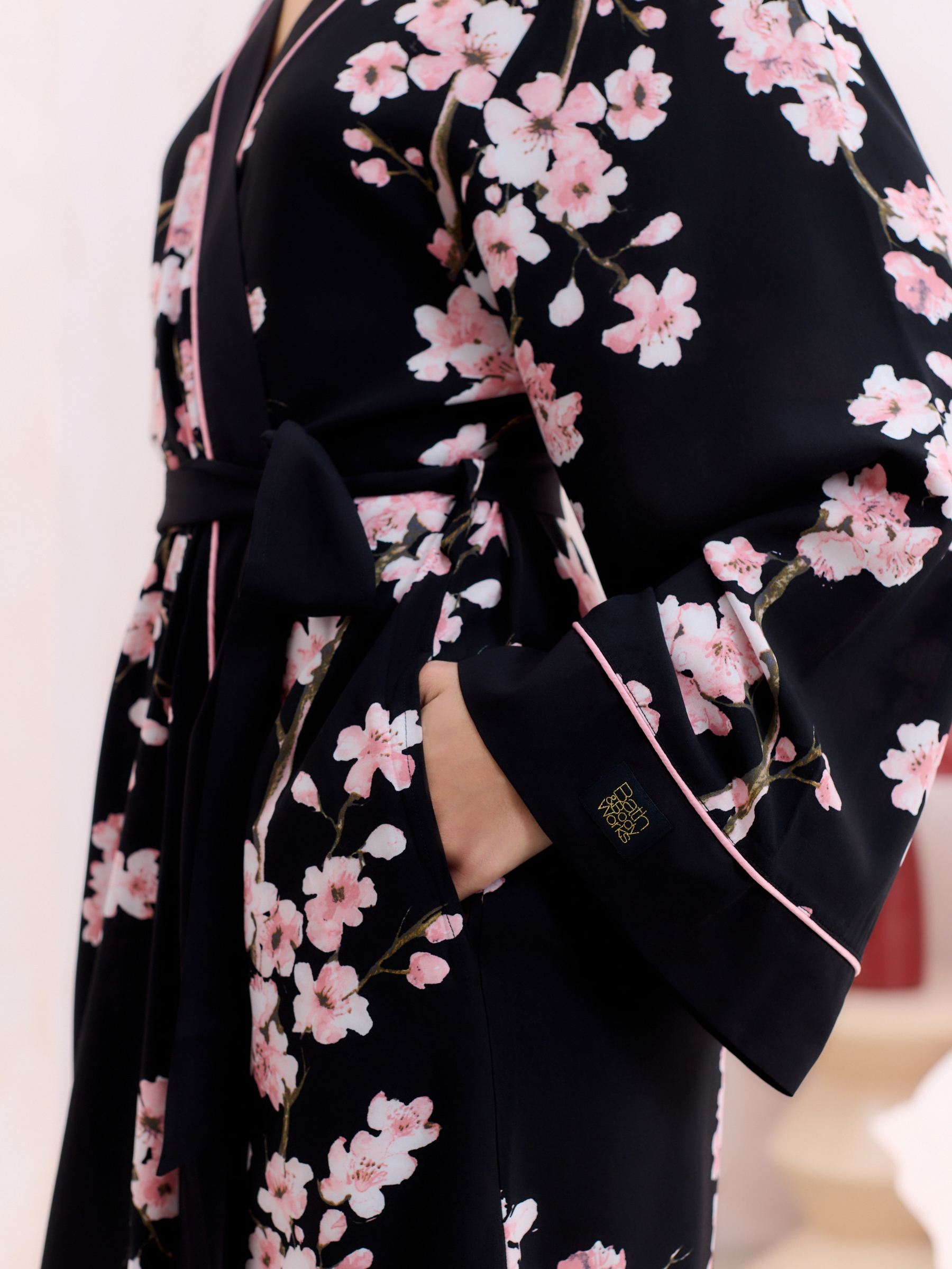 Black Japanese Cherry Blossom Lightweight Robe - Image 4 of 8