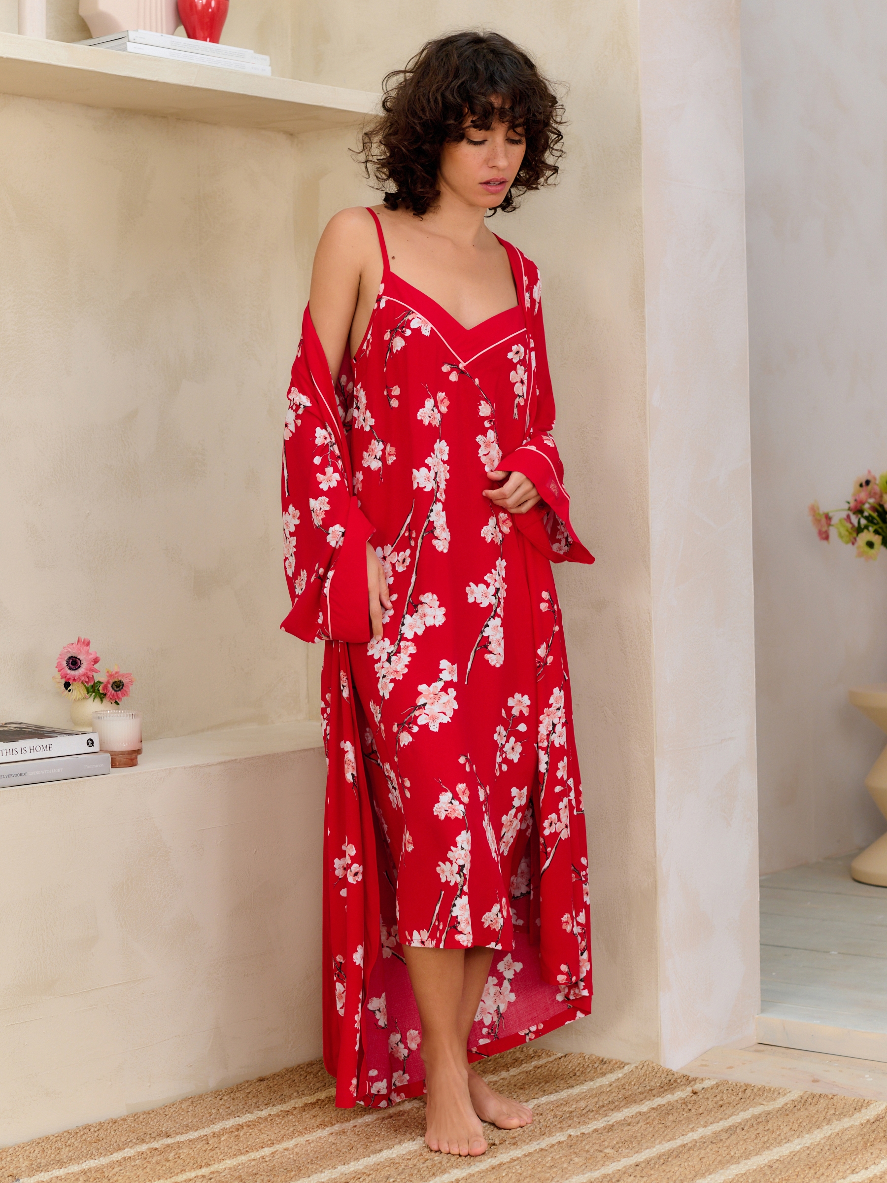 Red Japanese Cherry Blossom Lightweight Robe - Image 3 of 7