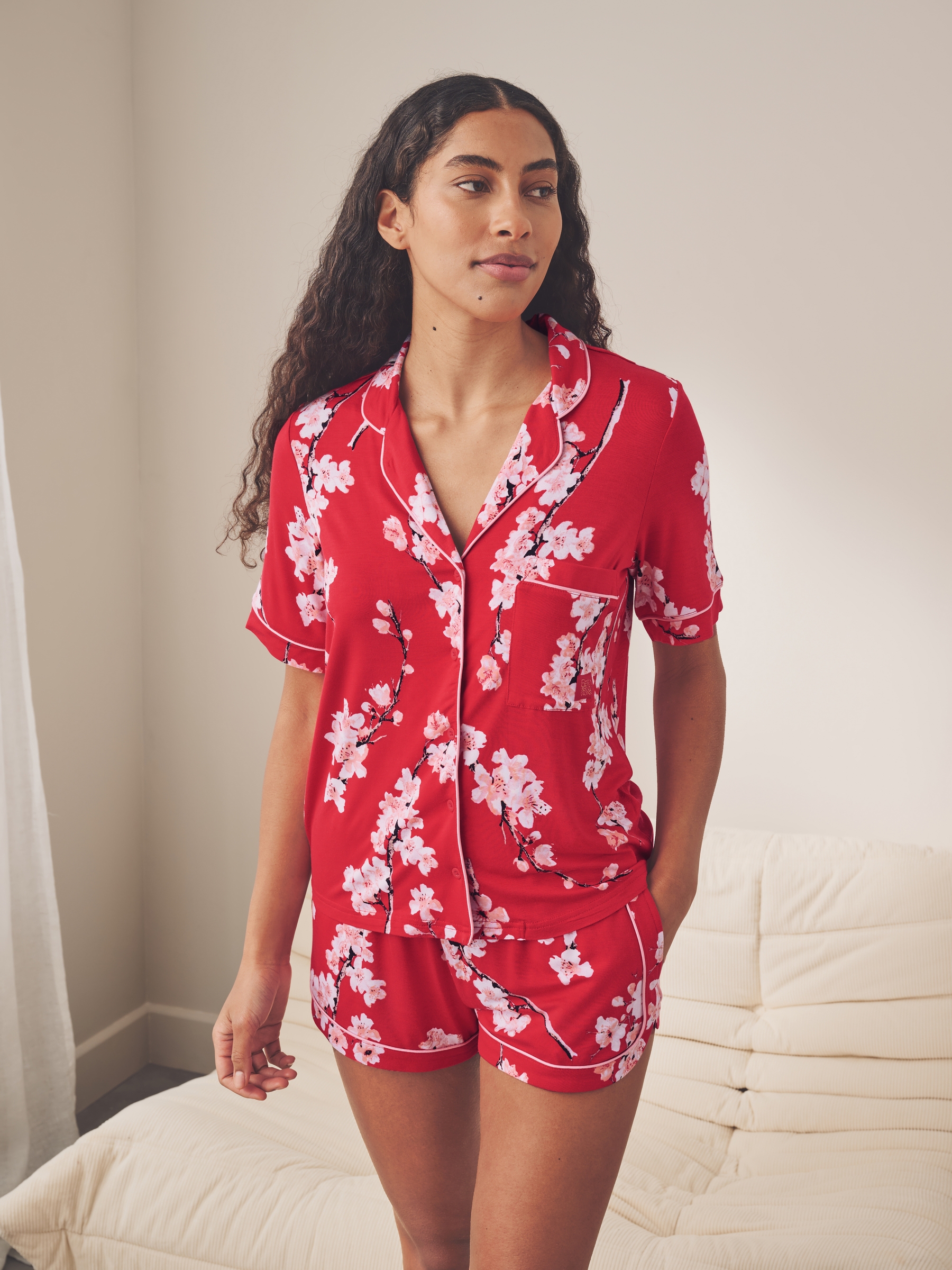 Red Japanese Cherry Blossom Short Sleeve Pyjama Set - Image 1 of 12