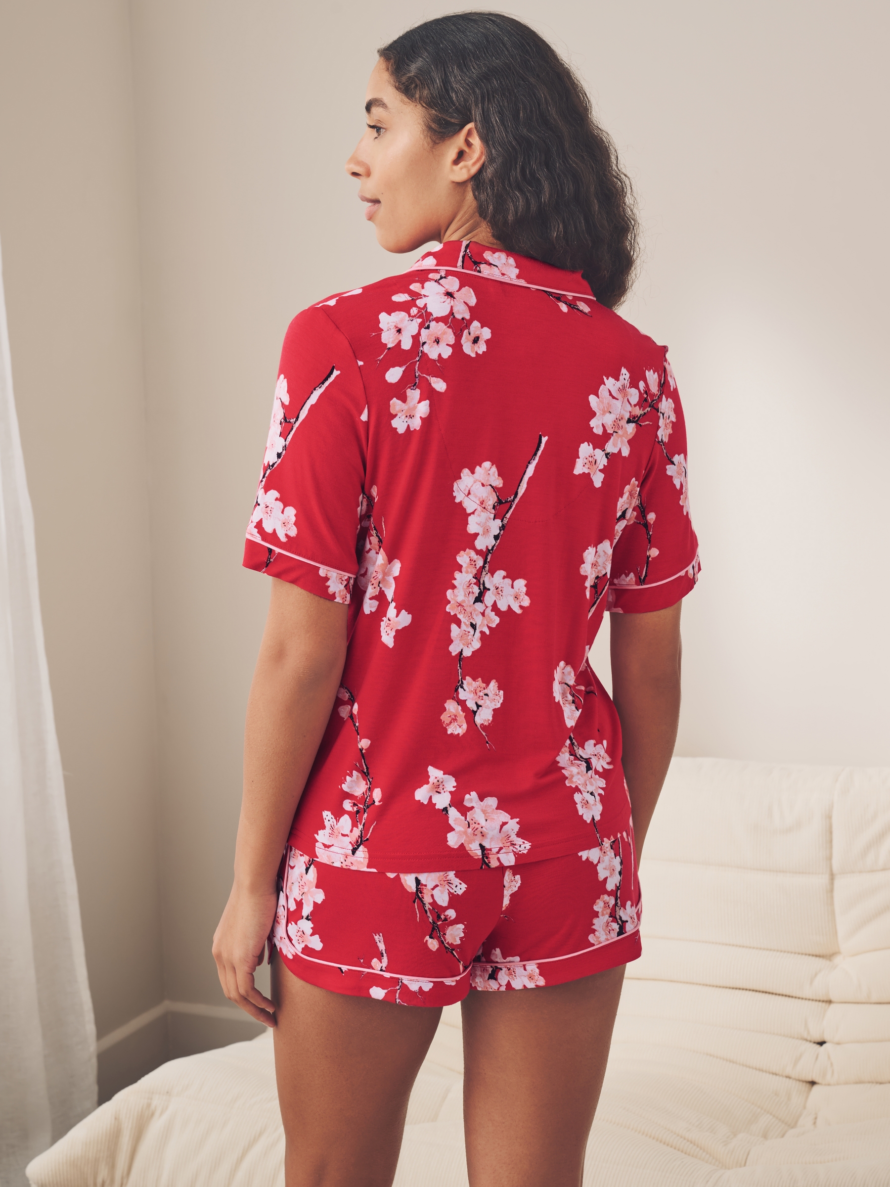 Red Japanese Cherry Blossom Short Sleeve Pyjama Set - Image 2 of 12