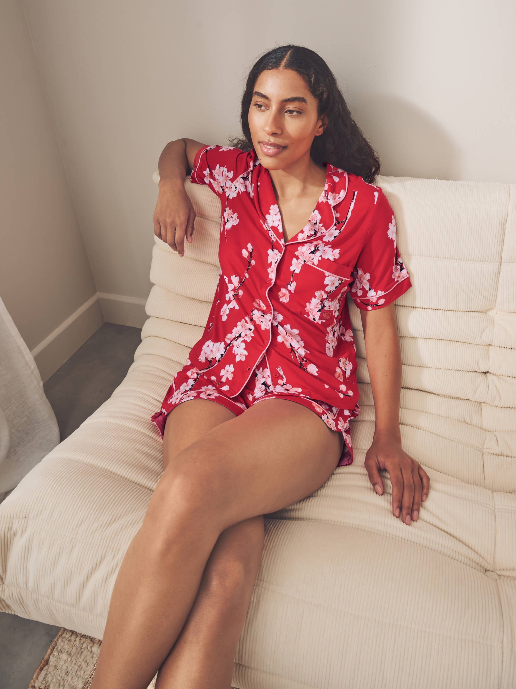 Red Japanese Cherry Blossom Short Sleeve Pyjama Set - Image 4 of 12