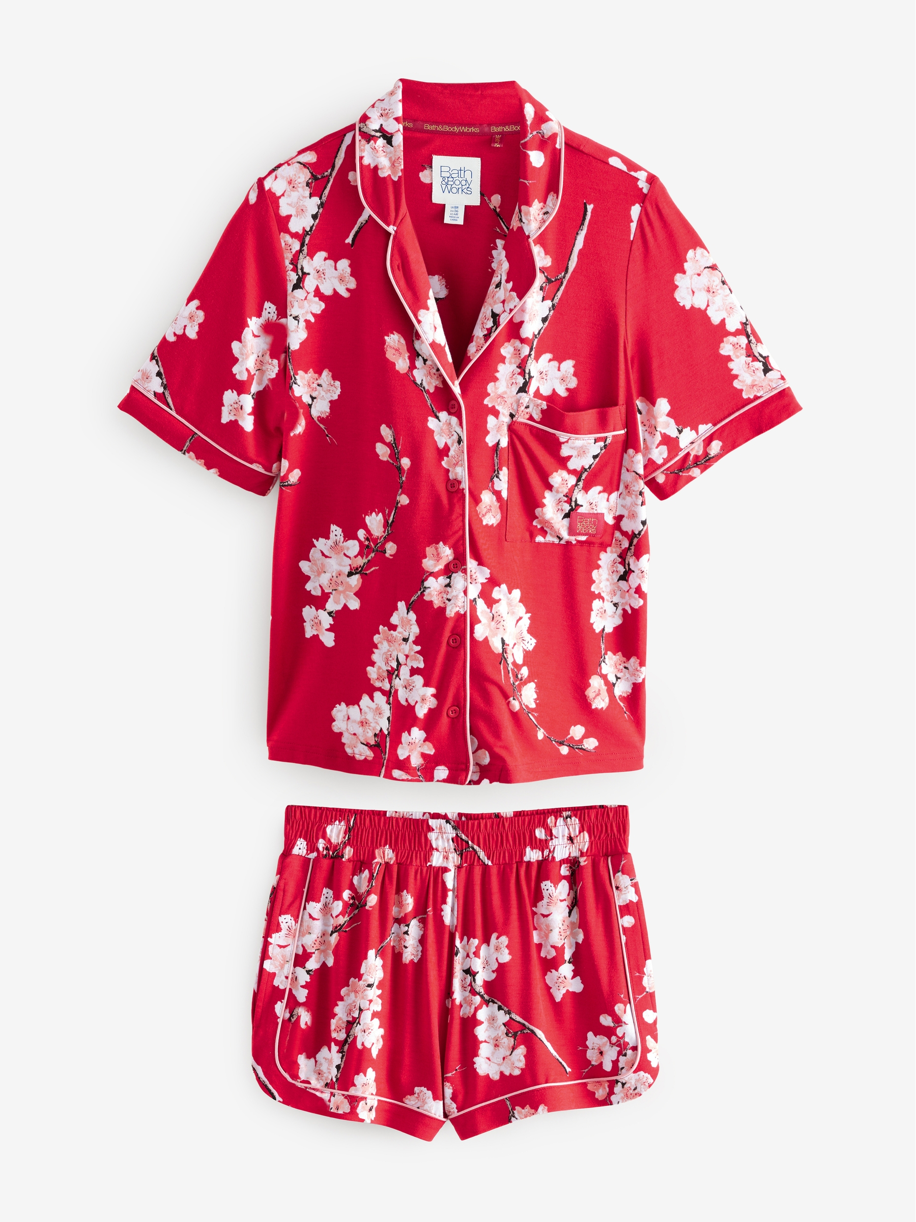 Red Japanese Cherry Blossom Short Sleeve Pyjama Set - Image 7 of 12